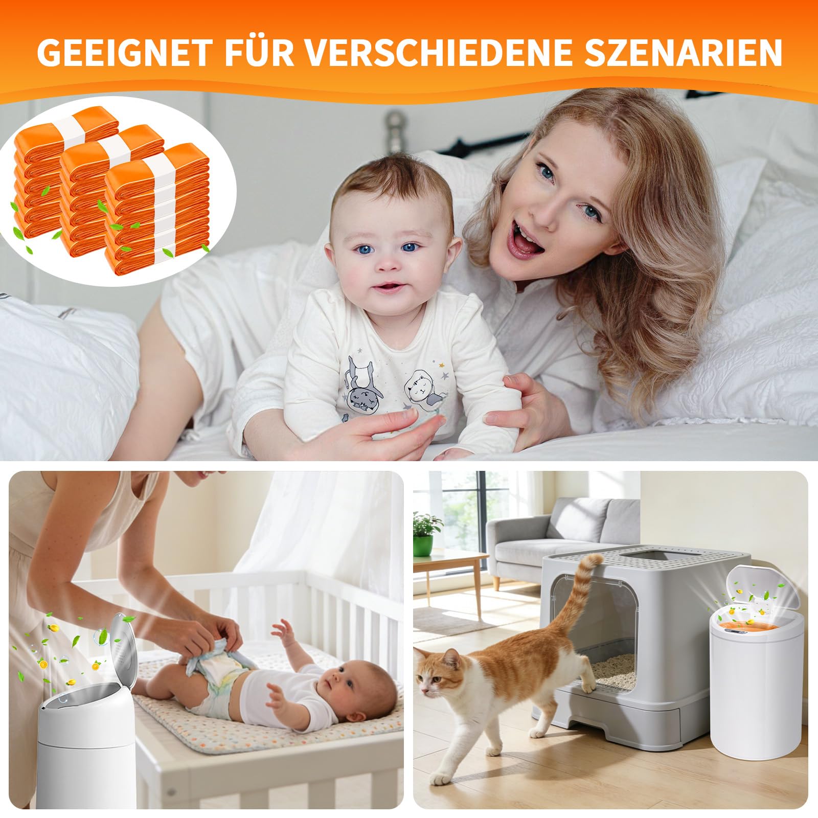 Lot de 18 recharge poubelle à couches, sac poubelle couche en film de 4,5 m, anti-odeurs et épais, compatibles avec les poubelles à couches et les bacs à litière pour chats