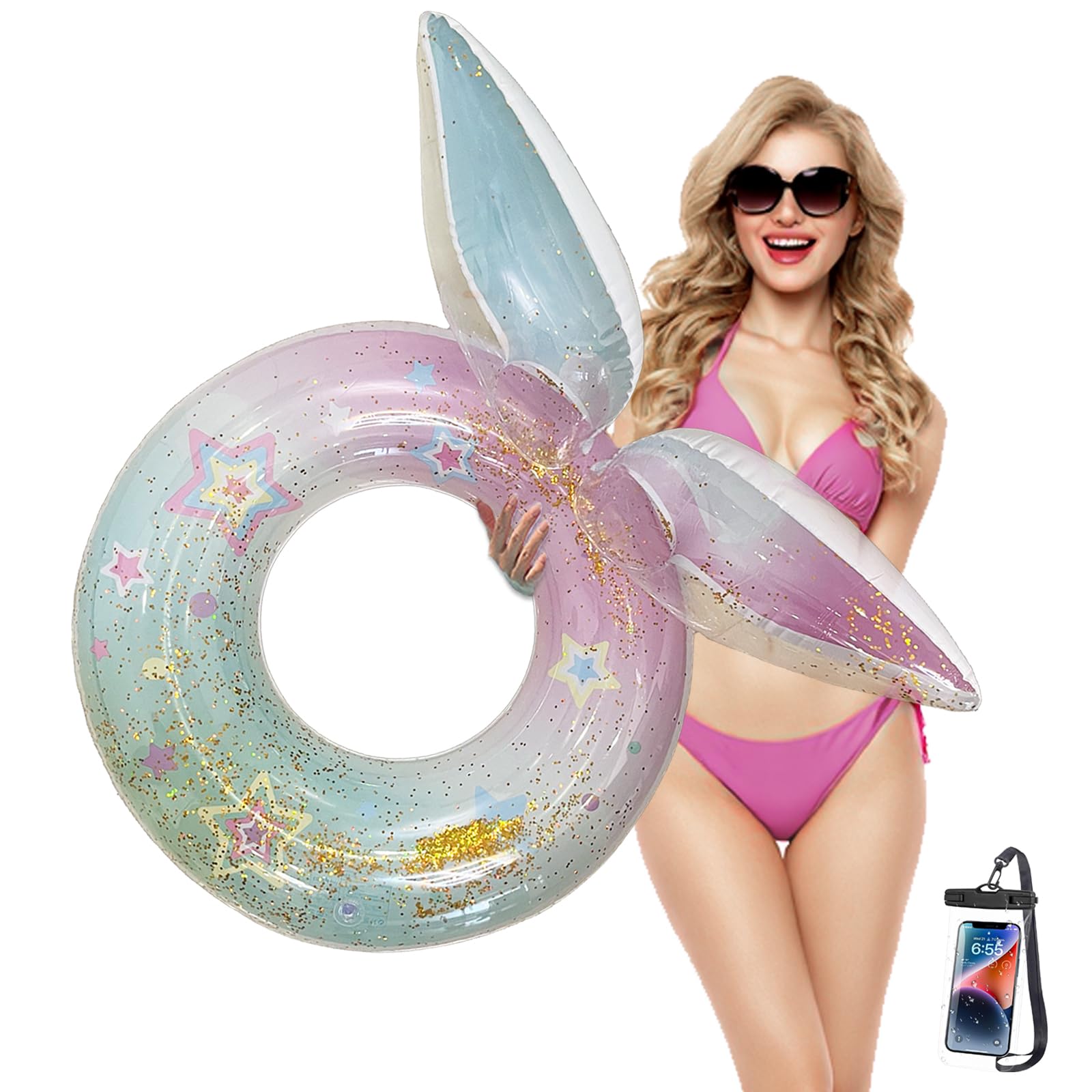 Inflatable Mermaid Swimming Ring with Glitter Sequins Cute Pool Float Rubber Ring Swim Tube for Adults Kids Water Sports Summer Beach Party Toys Decoration
