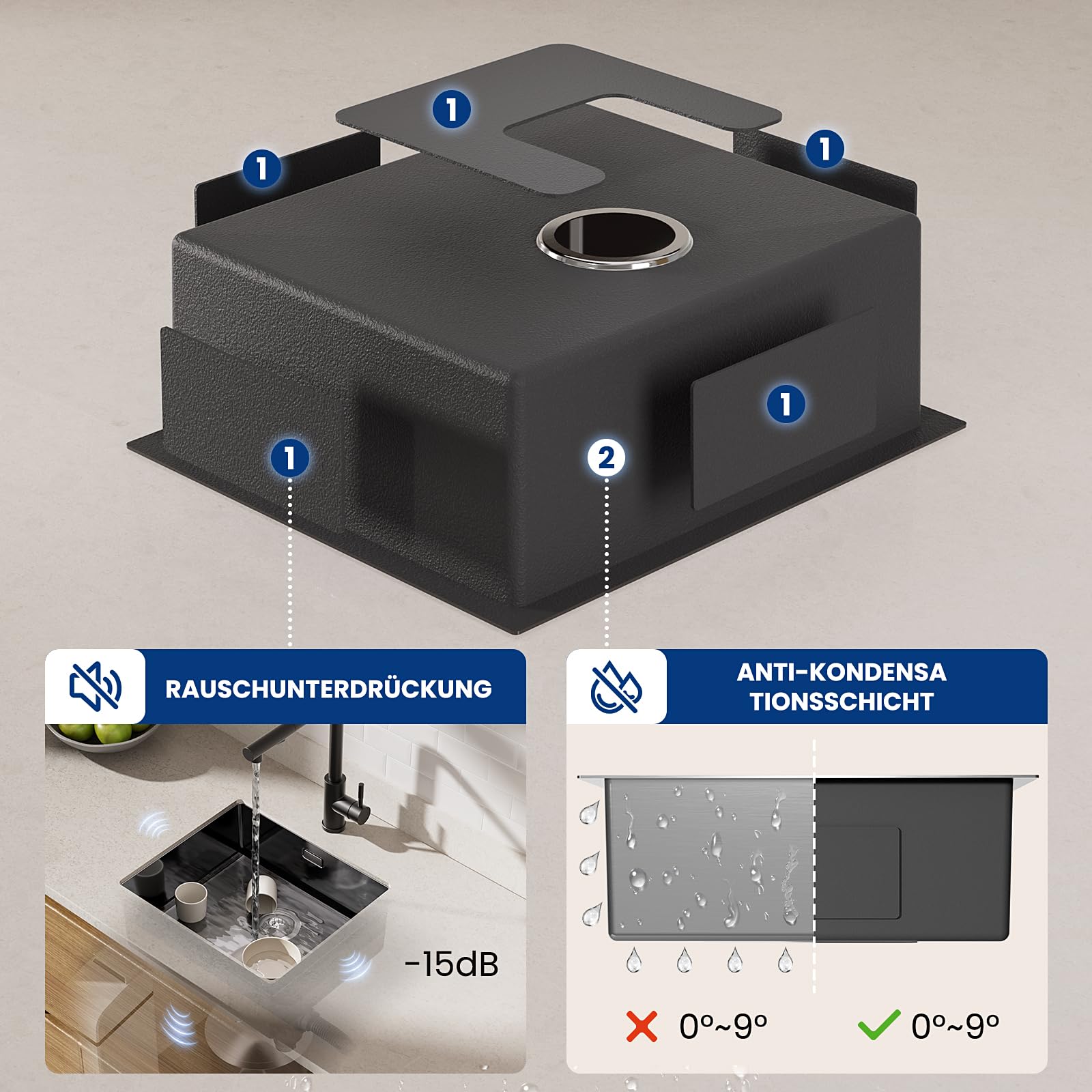 CECIPA Lavello Nero Antracite 50x44cm, Lavello Cucina in Acciaio Inox Angolare, Lavello Cucina in Acciaio Inox Lavello da Incasso Piccolo incluso Sifone, Lavabo Cucina da 50cm di Altezza senza