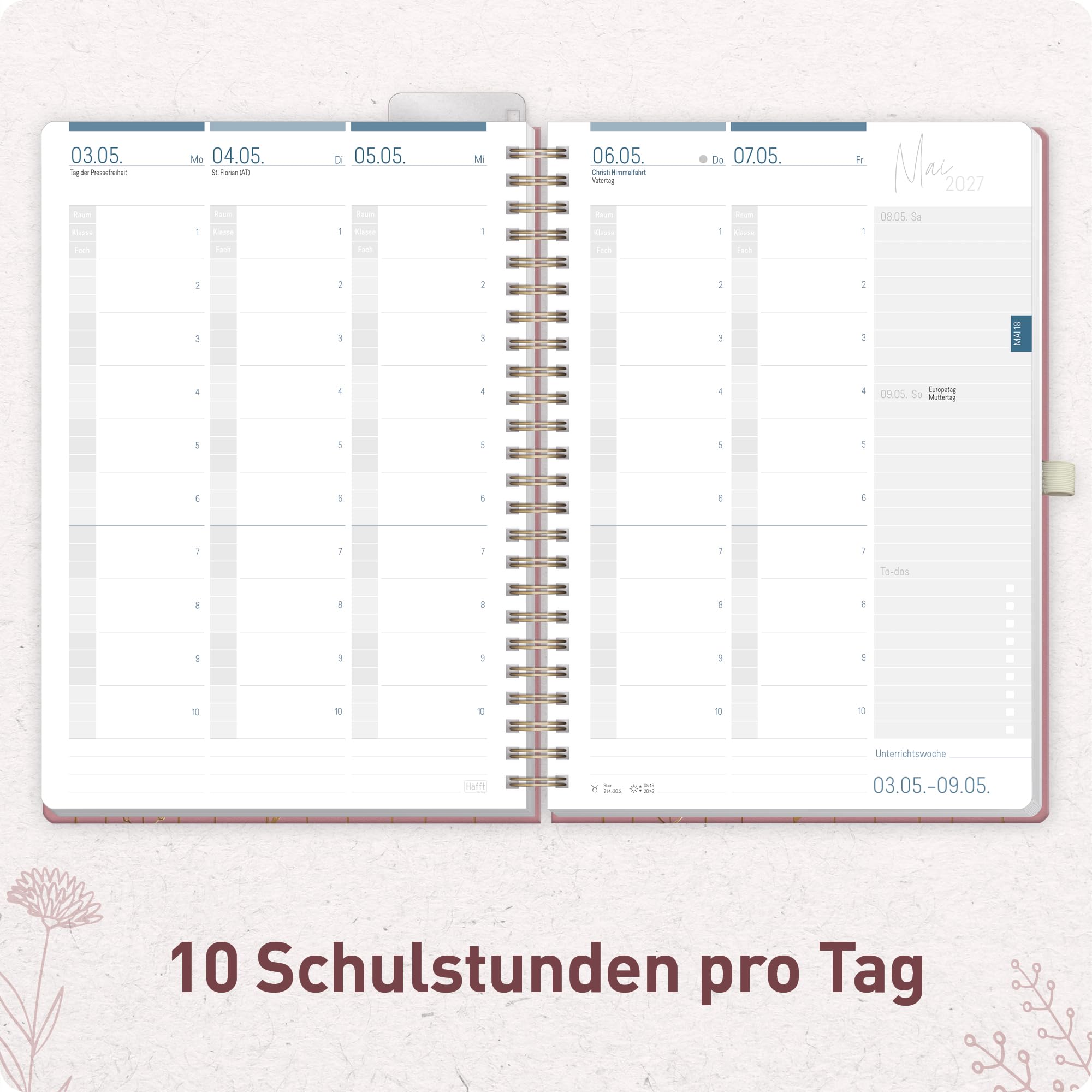 Häfft® Lehrerplaner 2026/2027 A4+ Deluxe - Großer Lehrerkalender & Schulplaner 26/27 mit Kunstleder-Einband & Spiralbindung "Fine Flowers" für Grundschule, weiterführende Schulen & Referendariat