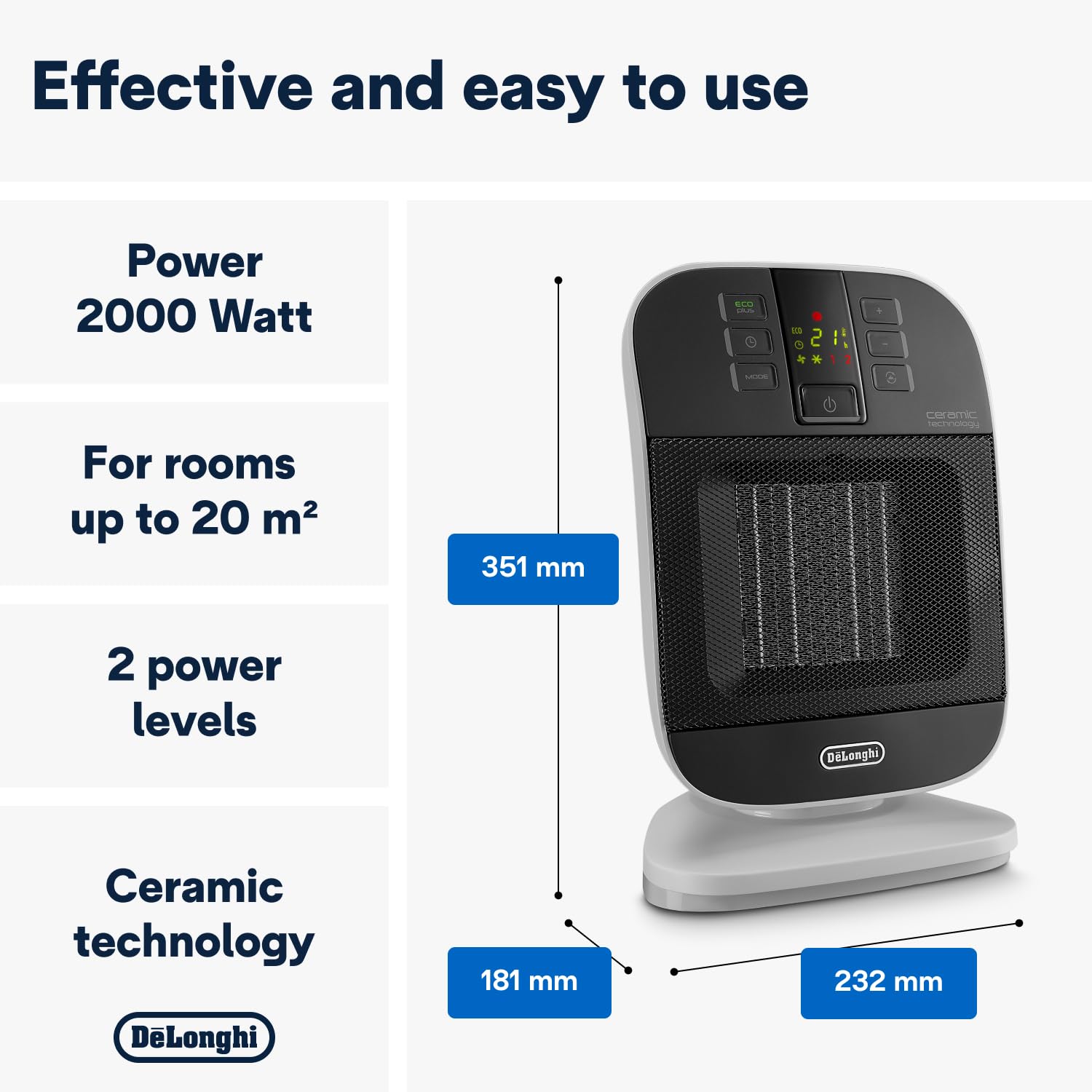 De'Longhi Bend Line, Ceramic Fan Heater 2kw, Room Thermastat, 24hr Timer,  Digital Control Panel, Anti Frost Frunction, Oscillating base, Auto-Off,  For Rooms up to 60m3, HFX60V20, Black and White : Amazon.co.uk: Home