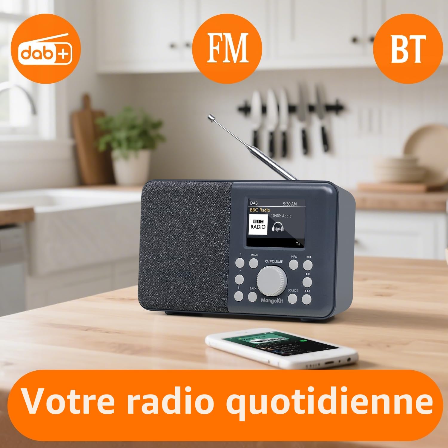 MD3 Radio Numérique Portable Dab/Dab+ et FM, Haut-Parleur Bluetooth, 40 Stations préréglées, alarmes et Horloge, Fonction Snooze, écran Couleur, Alimentation sur Piles ou sur Secteur-Charbon