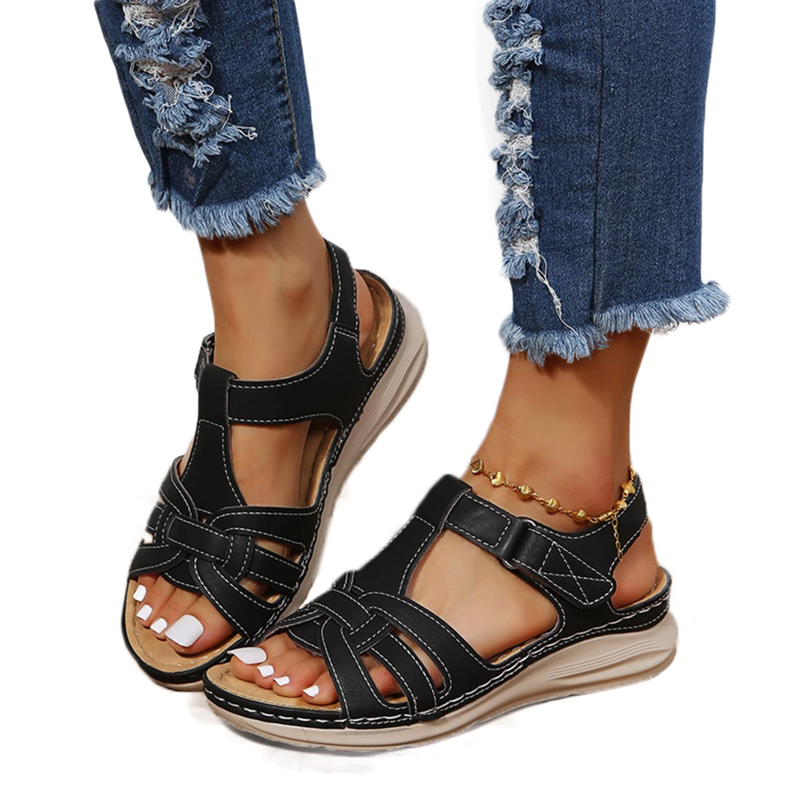 HHZYT Women's Summer Sports Sandals Casual Bohemia Gladiator Wedge Shoes Comfortable Ankle Strap Outdoor Platform Sandals Walking Shoes,Black,US5/EU36