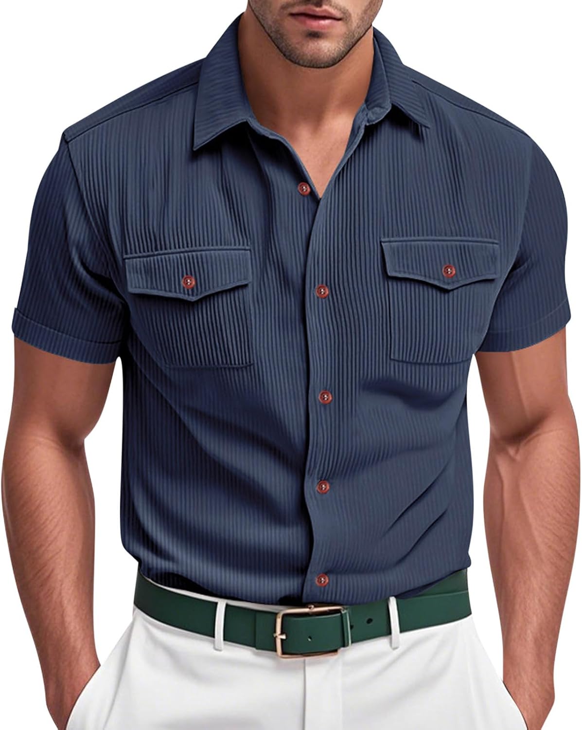 Shirts for Men Short Sleeve Button Down Lapel Blouse Breathable Solid Striped Tee Summer Beach Tops with Pockets