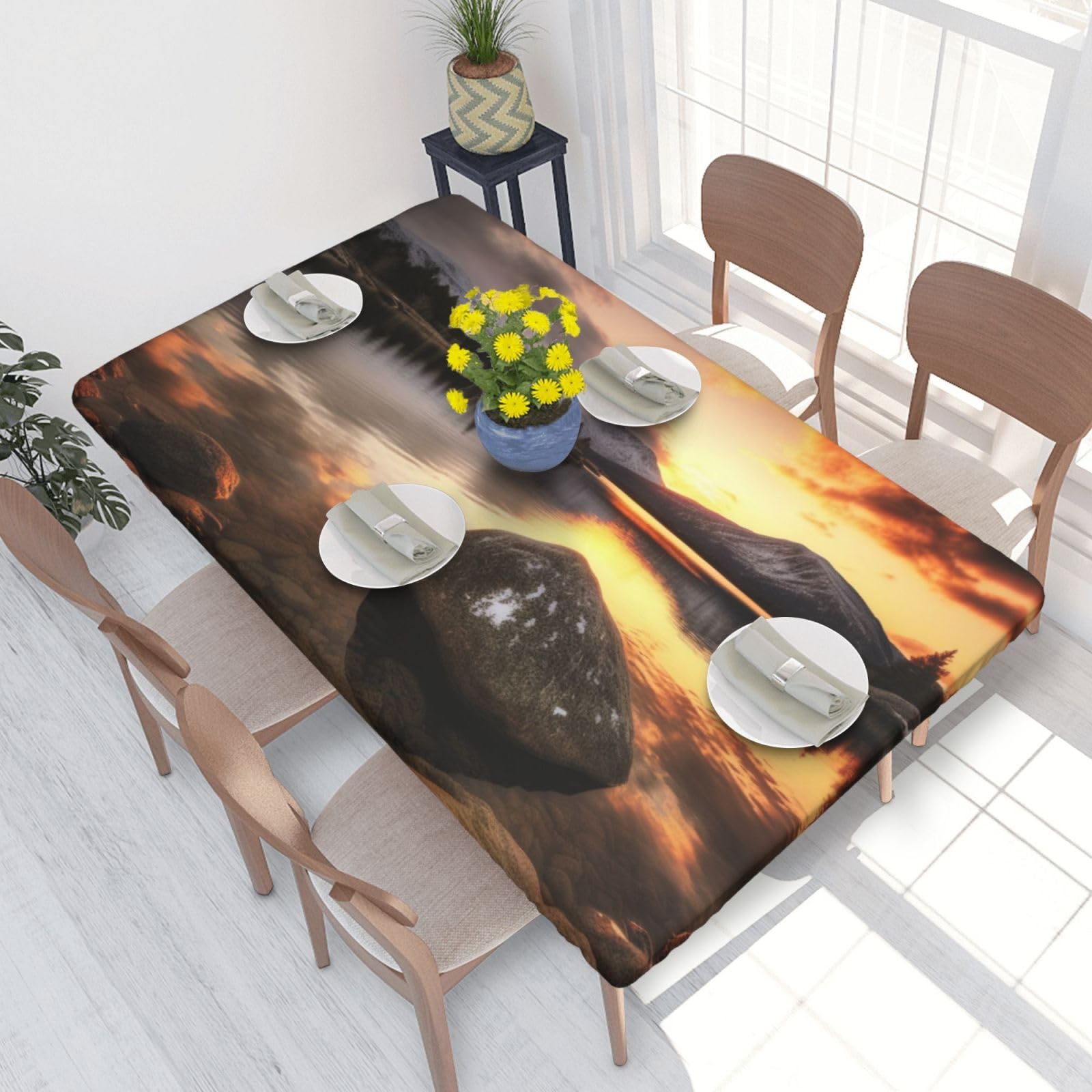 Dcarsetcv Rock And Lake Under Sunset Printed 4Ft Waterproof Tablecloth With Elastic Edged Protect & Decor Your Table, Oil-Proof Washable Table Cloth Cover For Dinner Picnic Party