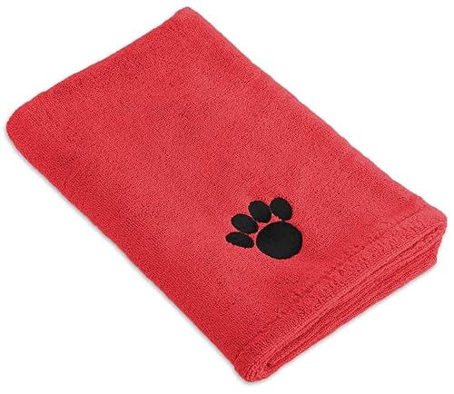 Bone Dry Pet Drying Collection - Toalla de microfibra bordada para mascotas, XL, 41 x 23.5pulgadas, color rojo con huella de pata negra