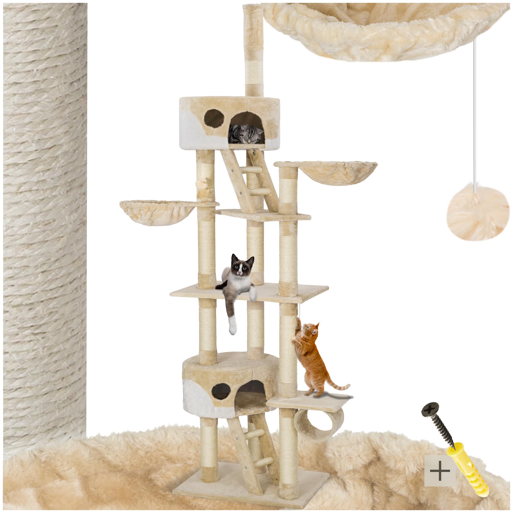 tectake Katzen Kratzbaum, Katzenbaum XXL, Kratzbaum deckenhoch, höhenverstellbar von 243-260cm, Kletterbaum mit Treppe, Höhle, Röhre, Liegemulde und Sisalsäule - beige/weiß