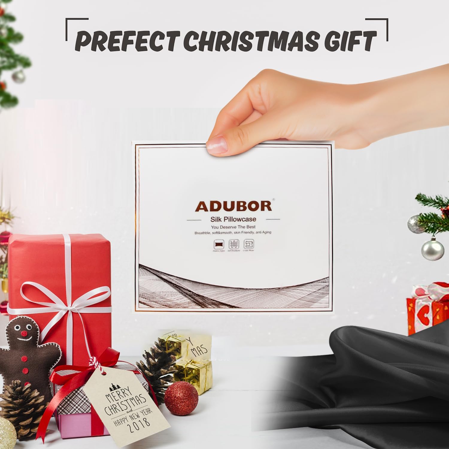 Adubor Silk Pillowcase 2 Pack for Hair and Skin with Hidden Zipper, Both Sides 23 Momme Silk Pillow Case (Black, Queen: 20''X30'')