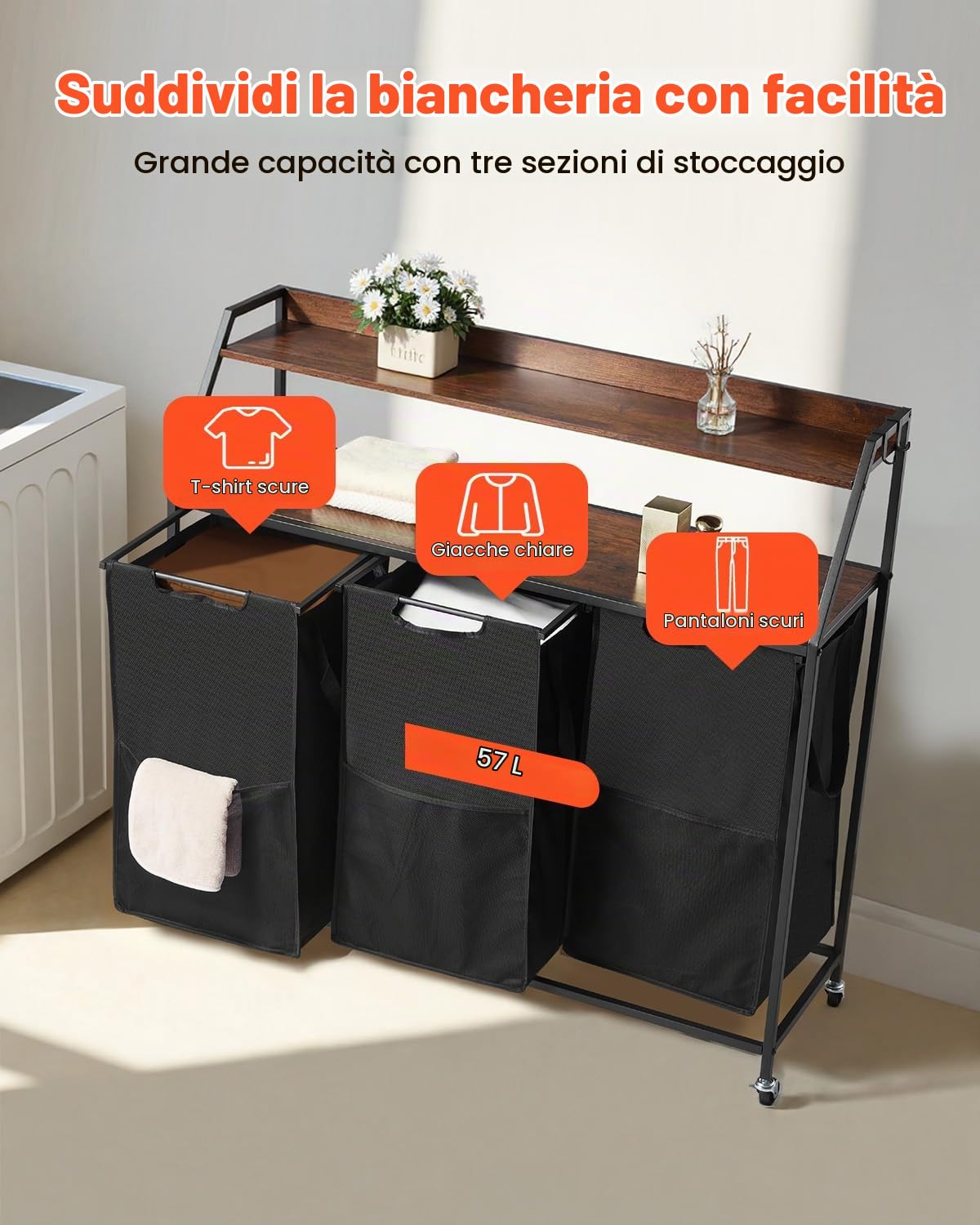 VEVOR Cesto Portabiancheria a 2 Ripiani, Cesto Portabiancheria con Ruote a 3 Scomparti, Struttura in Metallo, Piano Superiore in Legno, Sacchetti in Tessuto Oxford 600D, per Vestiti Sporchi