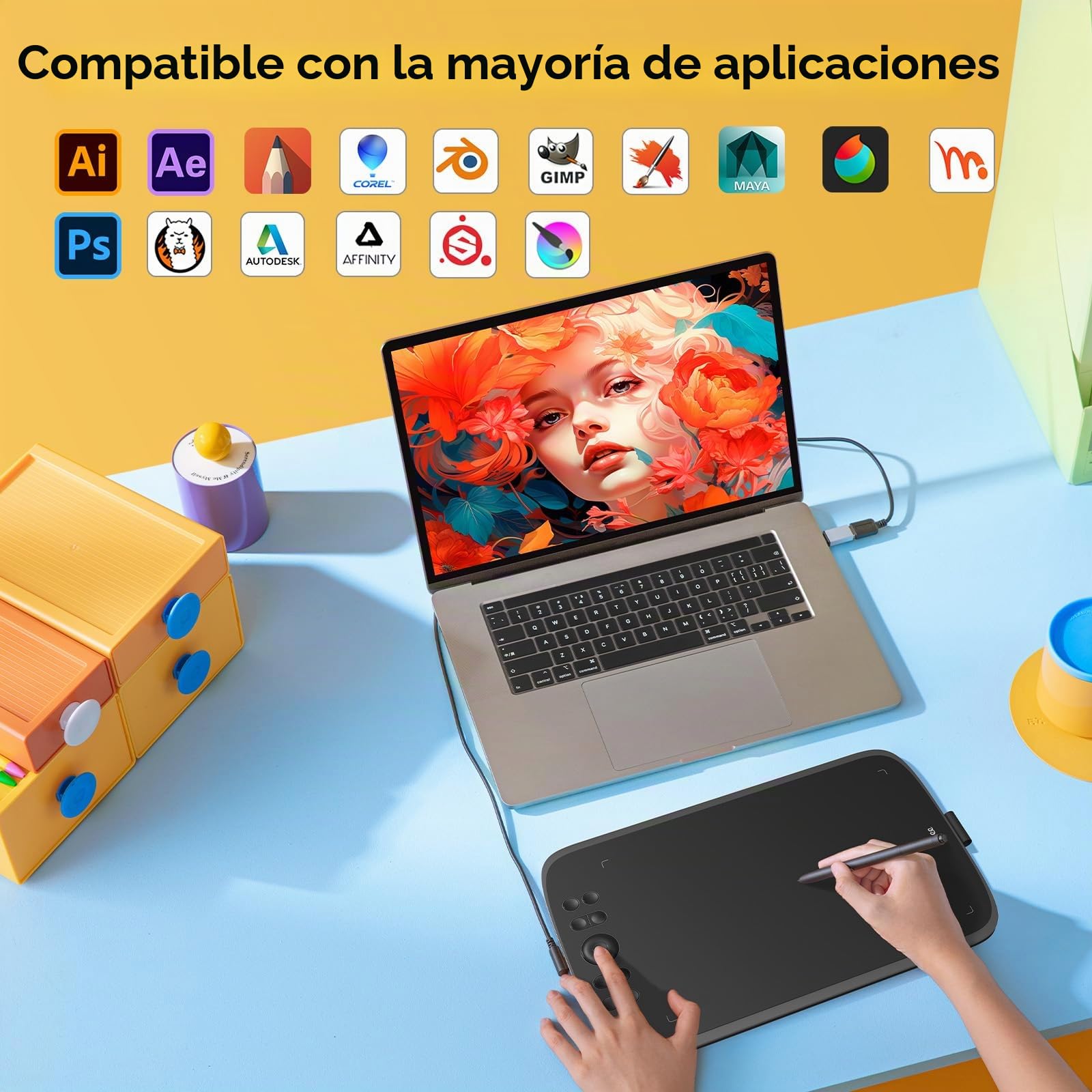 UGEE M908 Tableta gráfica de 10x6,25 Pulgadas con Rueda de Desplazamiento y 8 Teclas de Acceso Directo, lápiz pasivo con 8192 Niveles, Compatible con Windows/Mac/Android