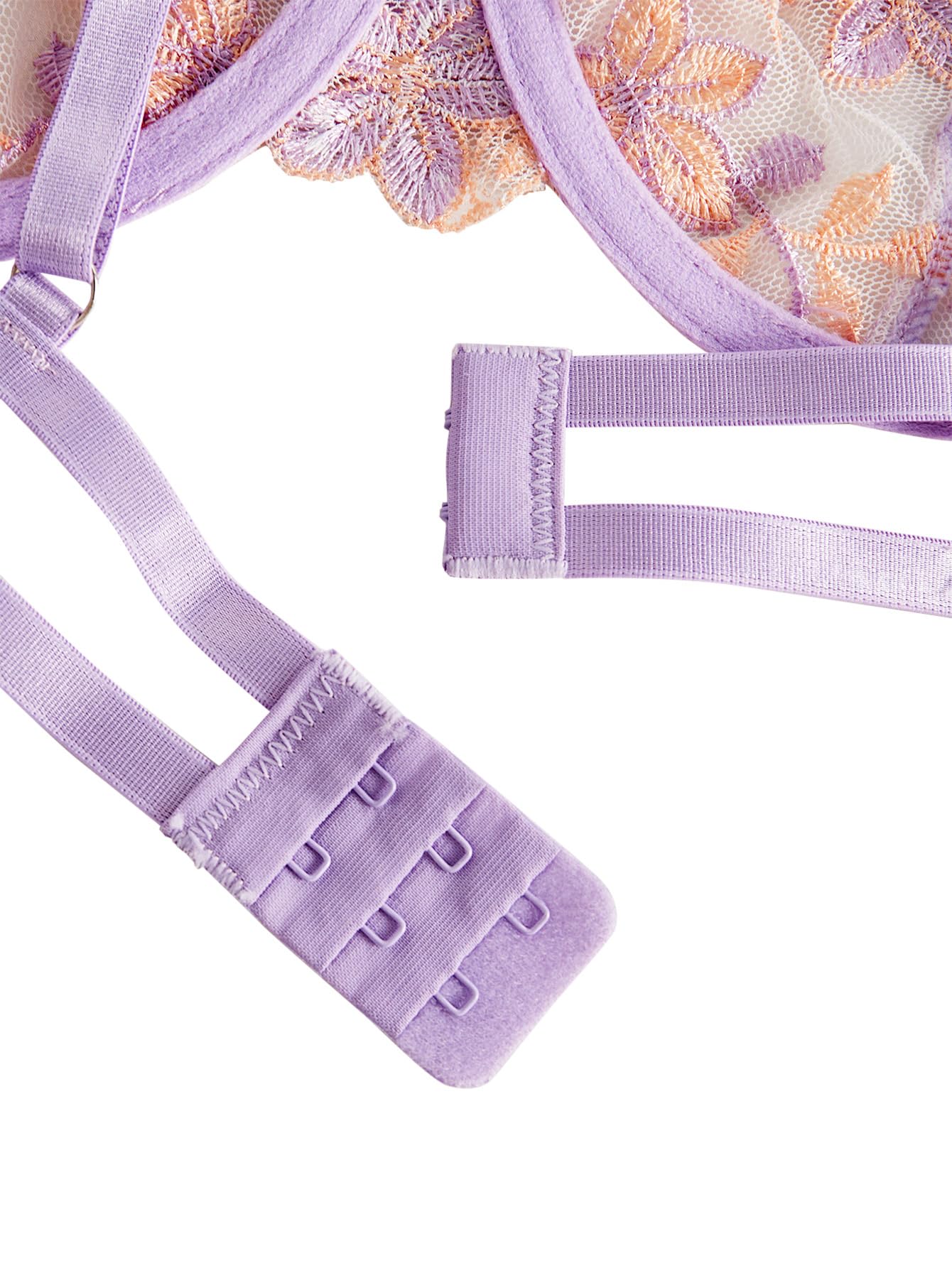 Lilosy Sexy Tie Side Cute Underwire Push Up Strappy Embroidered Mesh Sheer Lingerie Set: Bow Large Bow Flower Lavender Purple