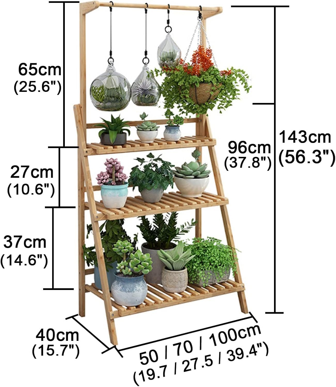 3-poziomowa Drabina Bambusowa Półka Na Rośliny Sadzarka Zewnętrzna Półki Ekspozycyjne Wiszące Składany Stojak Na Doniczki Organizer Wieszak Na Ubrania, Natural, L 70cm(27.5in)
