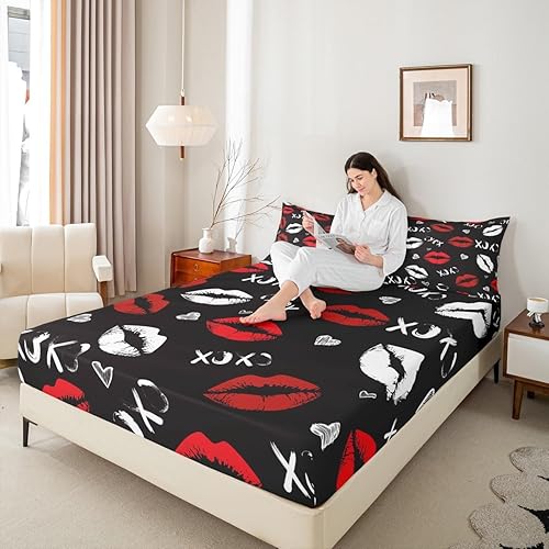 Miniatura 5 de Juego de sábanas bajeras de labios rojos femeninos para niñas y mujeres, juego de sábanas con estampado de lápiz labial blanco, juego de sábanas