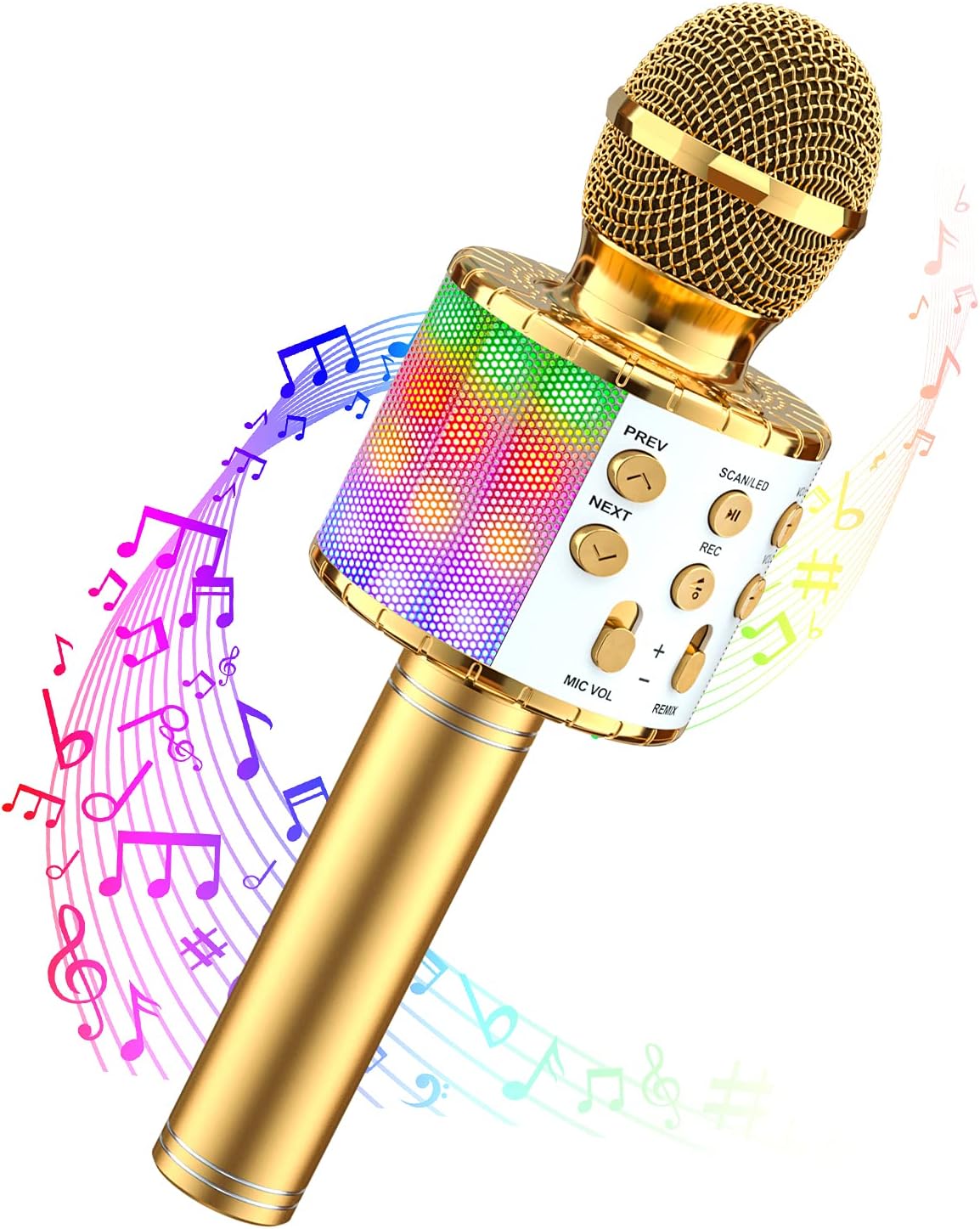 Wowstar Karaoke Micrófono Bluetooth, 5 en 1 Micrófono Inalámbrico con Luces LED para Niños Adultos Canta Partido Musica, Compatible con Android/iOS PC AUX o Teléfono Inteligente (Dorado)