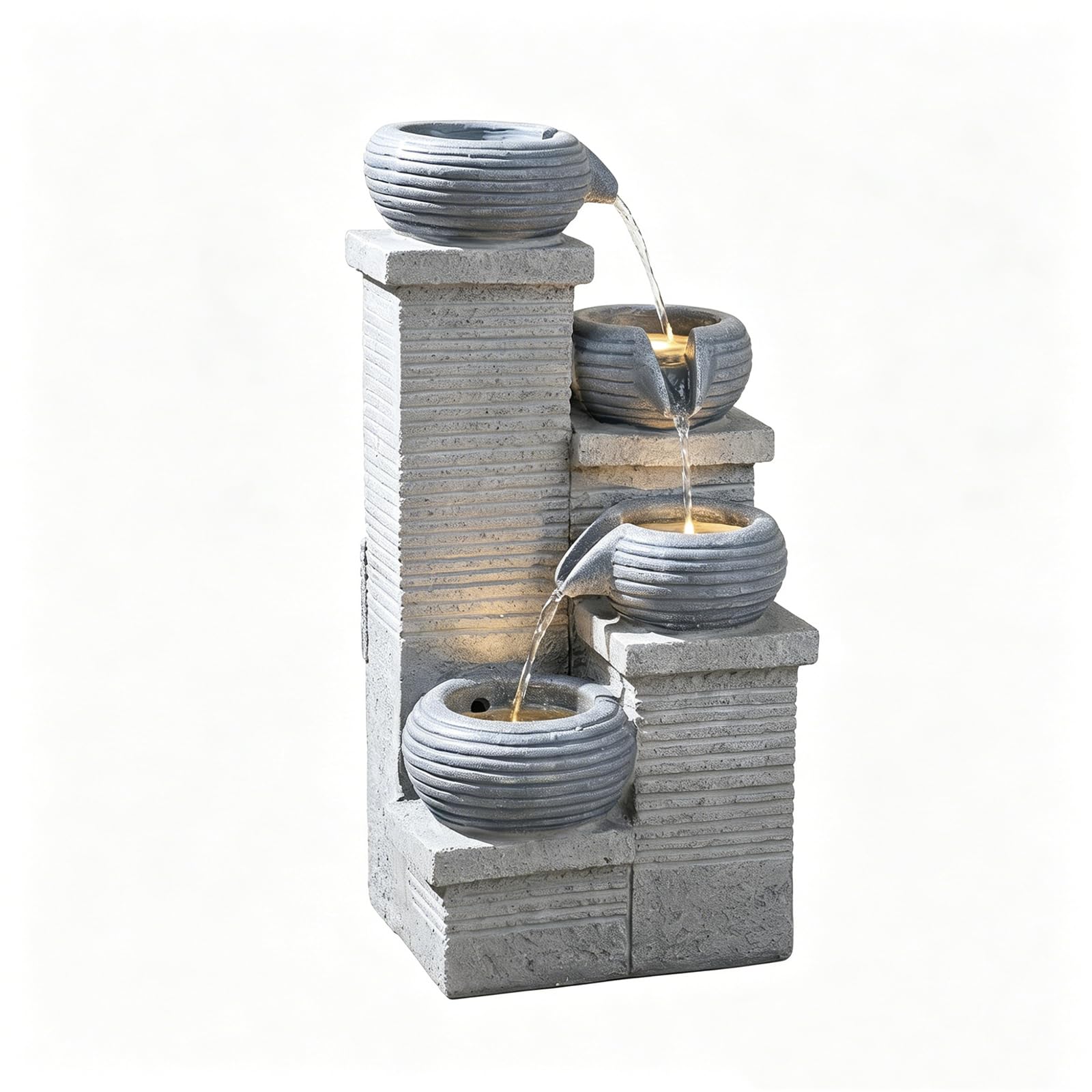 HOMASIS Fontaine de Jardin, Fontaine d'eau Extérieure 4 Niveaux avec Lumières LED, Pompe à Eau, Débit Réglable, Résine et Fibre de Verre, Cascade Décoration pour Patio Balcon, 27 x 24 x 58 cm