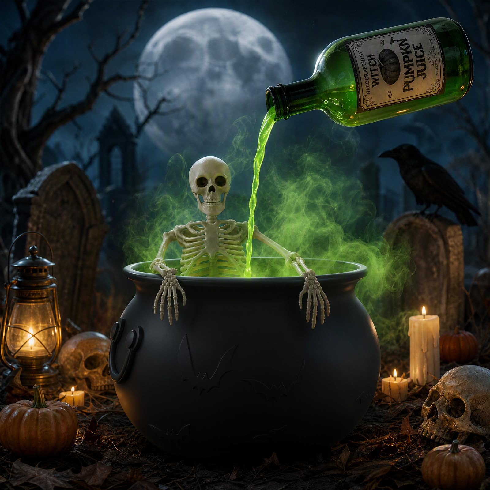 Halloween Cauldron with Floating Potion Bottles & Skeleton & LED Mist Maker