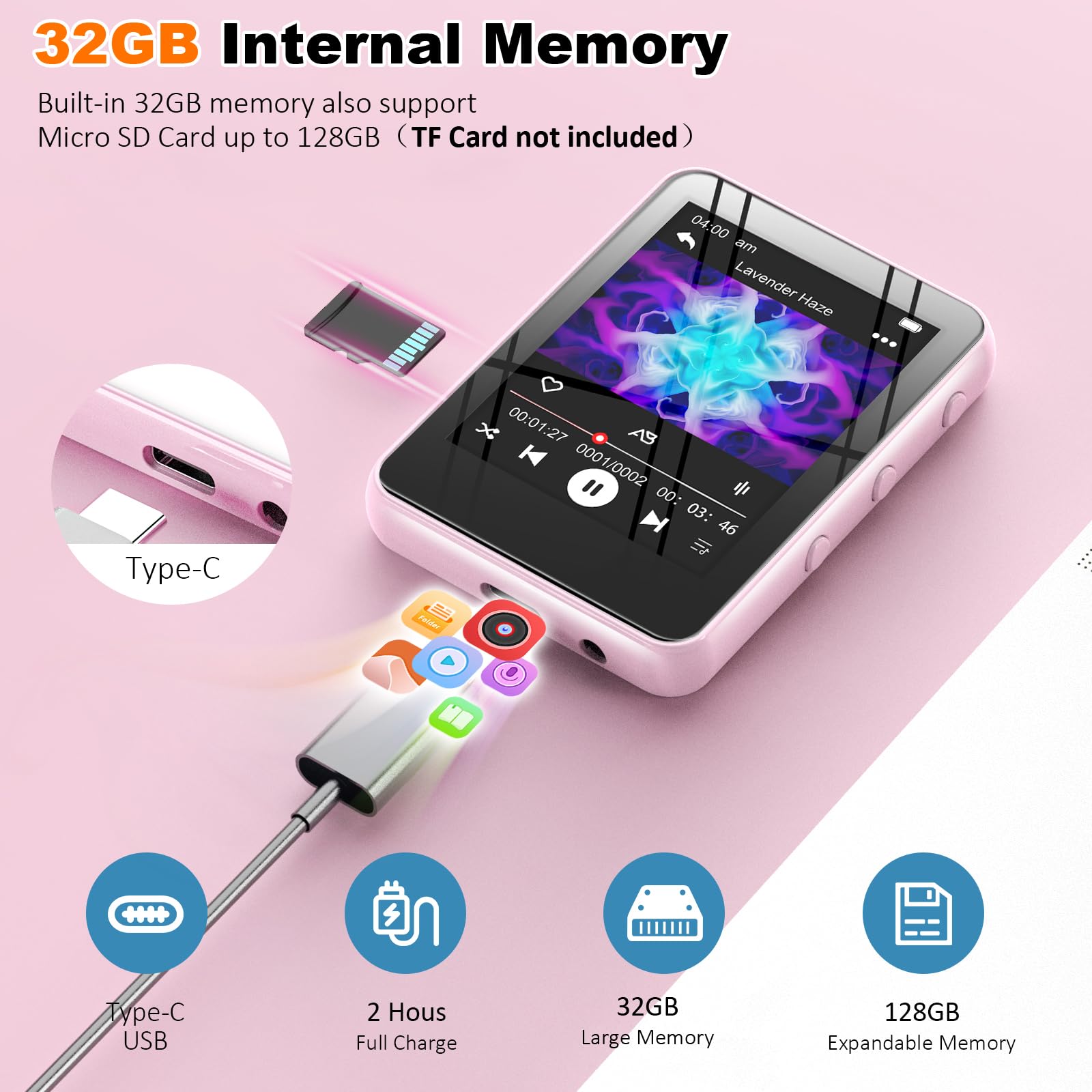 Reproductor de música MP3 con Bluetooth, almacenamiento de 32 GB, pantalla táctil completa, altavoz integrado, radio FM y grabadora de voz, ranura MicroSD (ampliable a 128 GB), incluye auriculares
