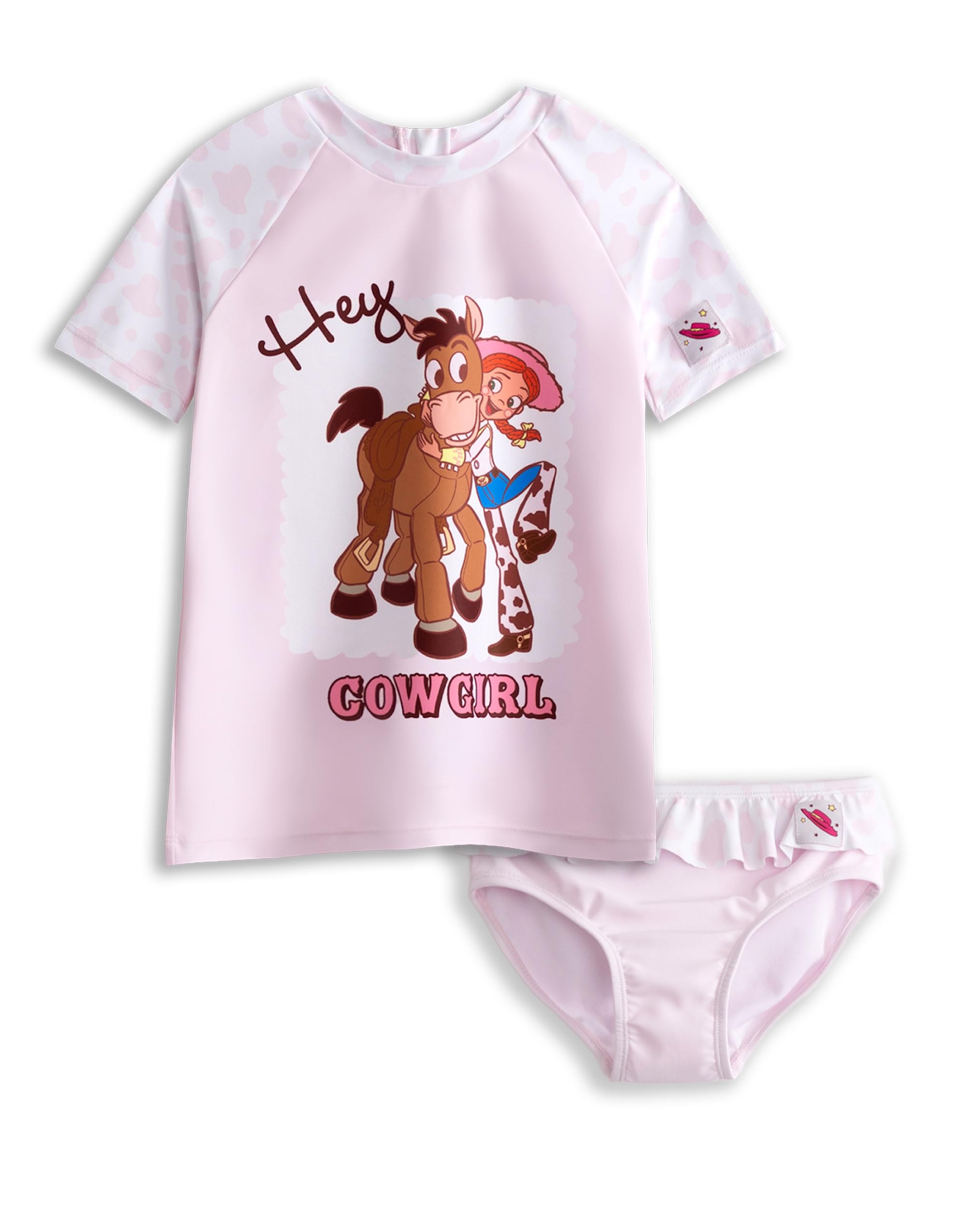 Disney Toy Story Girls Light Pink Swim Set | Jessie & Bullseye Two-Piece Swimwear | Short Sleeve Crew Neck Zip-Up Top & Ruffled Waistband Bottoms | Character Merch - 2-3 Years