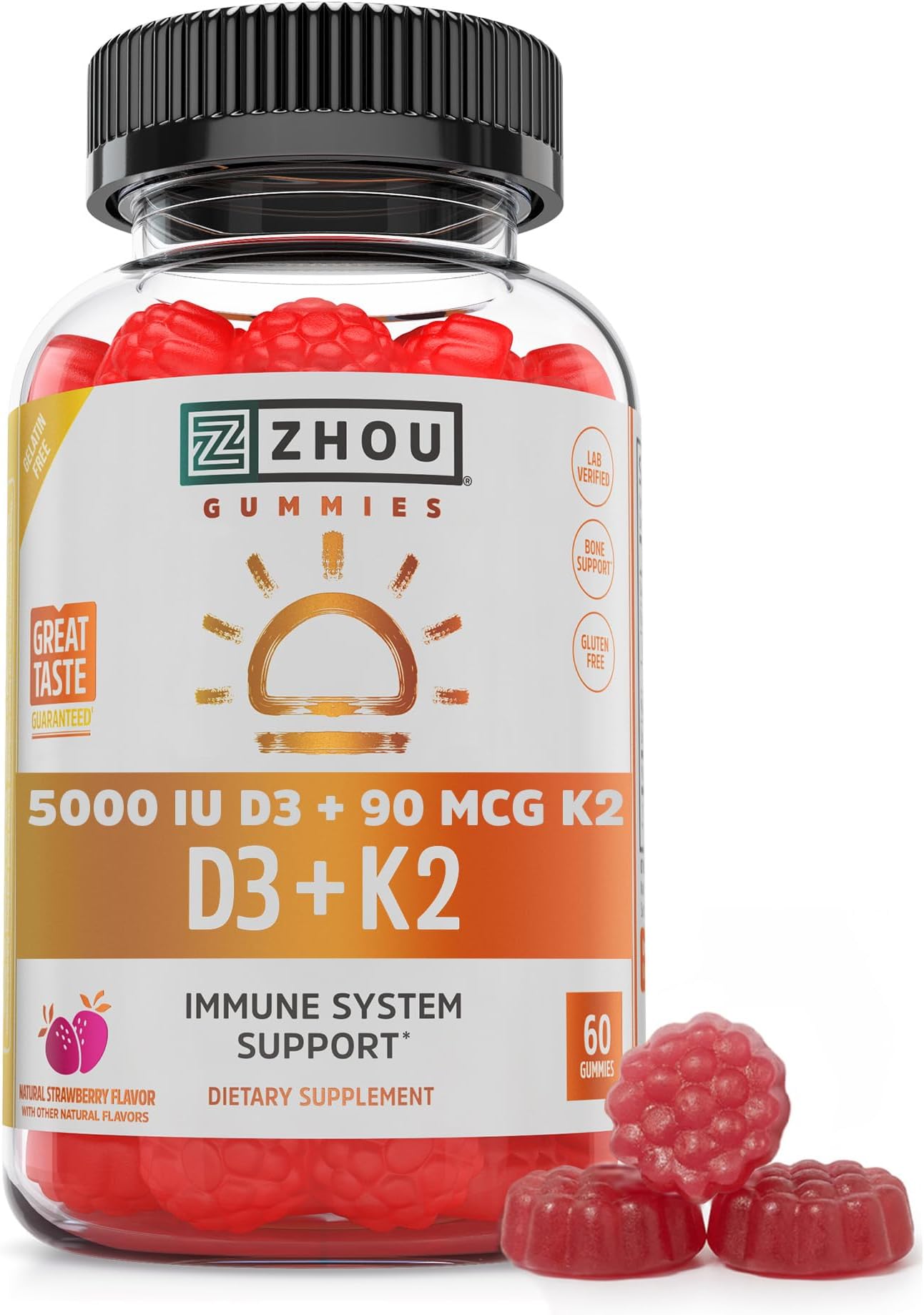 Zhou D3+K2 - Vitamin D3 K2 Supplement for Women & Men, Immune Support Vit D3 and K2 Gummy, Gelatin Free Formula with 5000 IU of D3 and MK-7 - 60 Veggie Gummies (Pack of 1)
