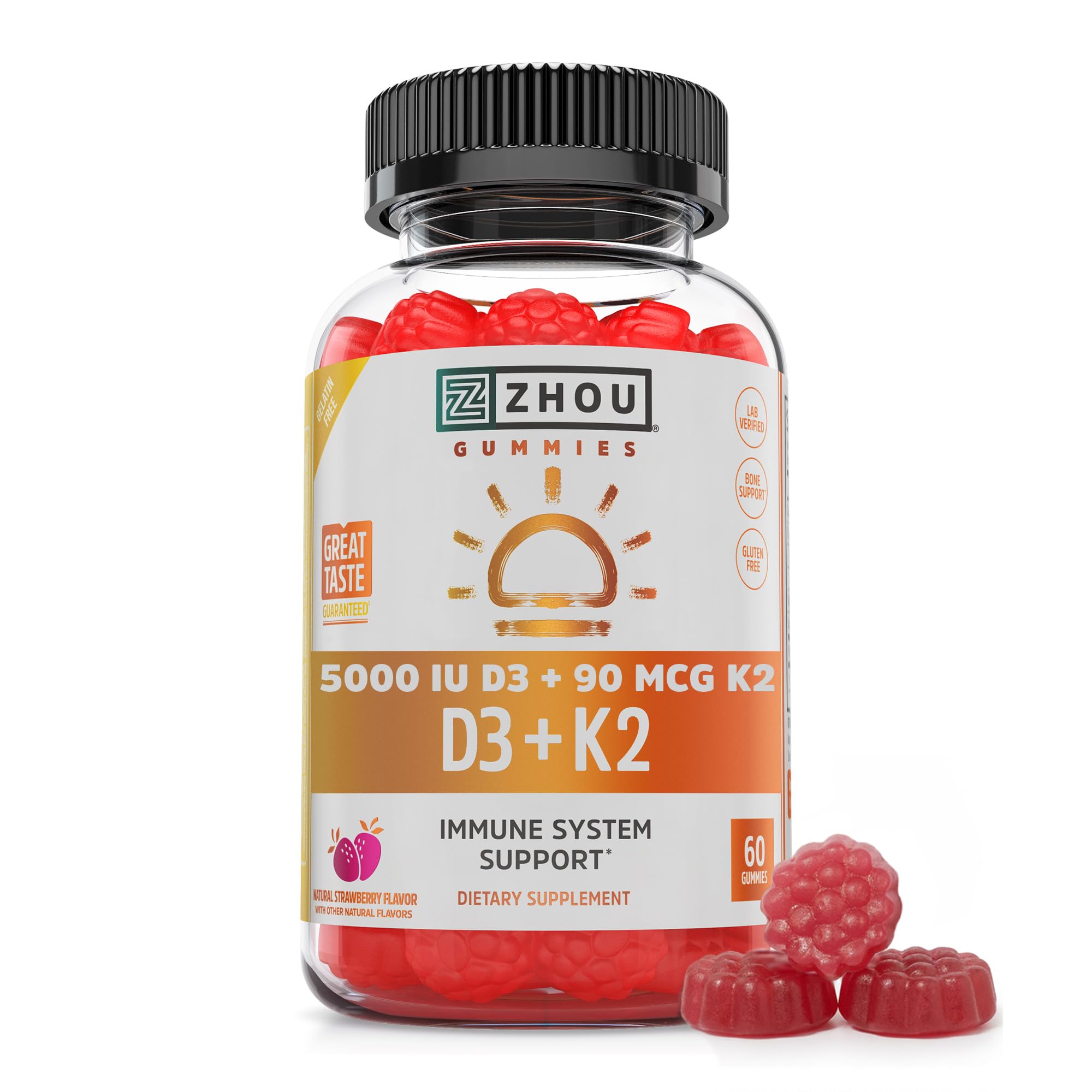 Zhou D3+K2 - Vitamin D3 K2 Supplement for Women & Men, Immune Support Vit D3 and K2 Gummy, Gelatin Free Formula with 5000 IU of D3 and MK-7 - 60 Veggie Gummies (Pack of 1)