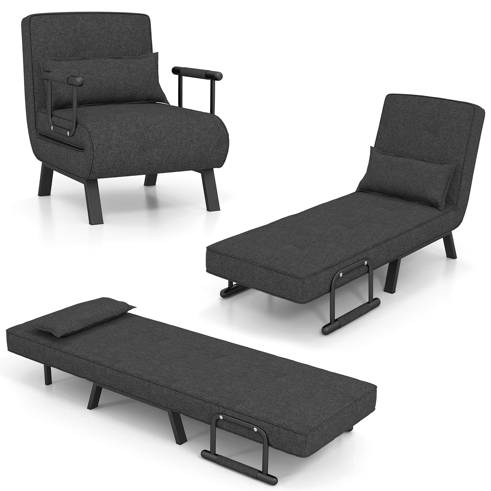 GOPLUS Sofá Cama Convertible, Sillón Reclinable 4 en 1 con Respaldo Ajustable en 6 Posiciones, Almohada Desmontable y Marco Metálico, Sofá Cama Plegable Individual Tapizada Carga 150kg (Gris Oscuro)