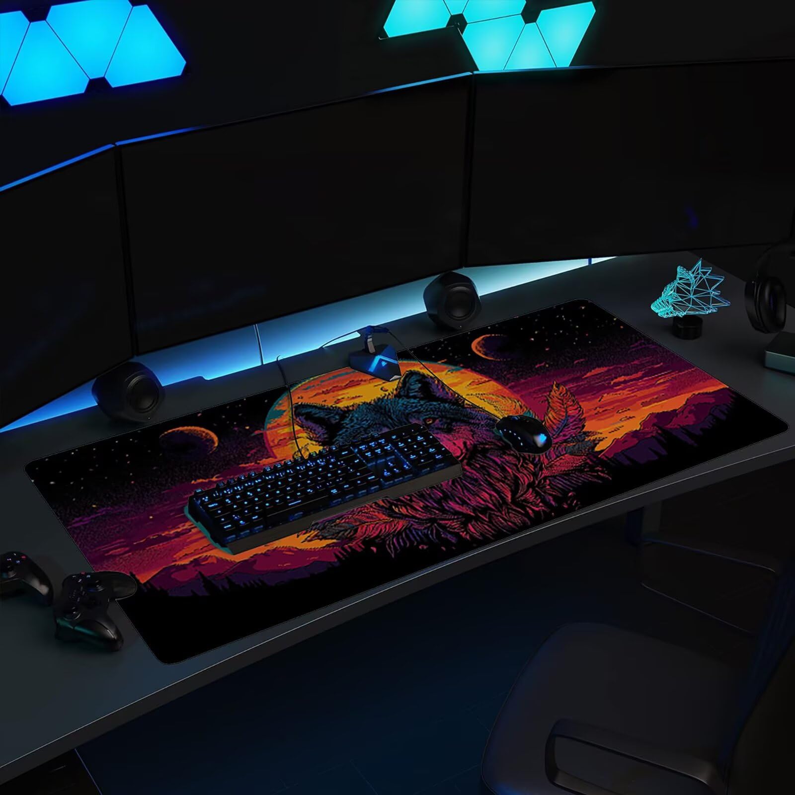 Podkładka pod mysz XXL Wilk Moon 1200x600x3 mm duża podkładka pod mysz szyte krawędzie wodoodporna antypoślizgowa duże rozszerzone akcesoria biurowe do PC, komputer poprawia dokładność i szybkość j0xk