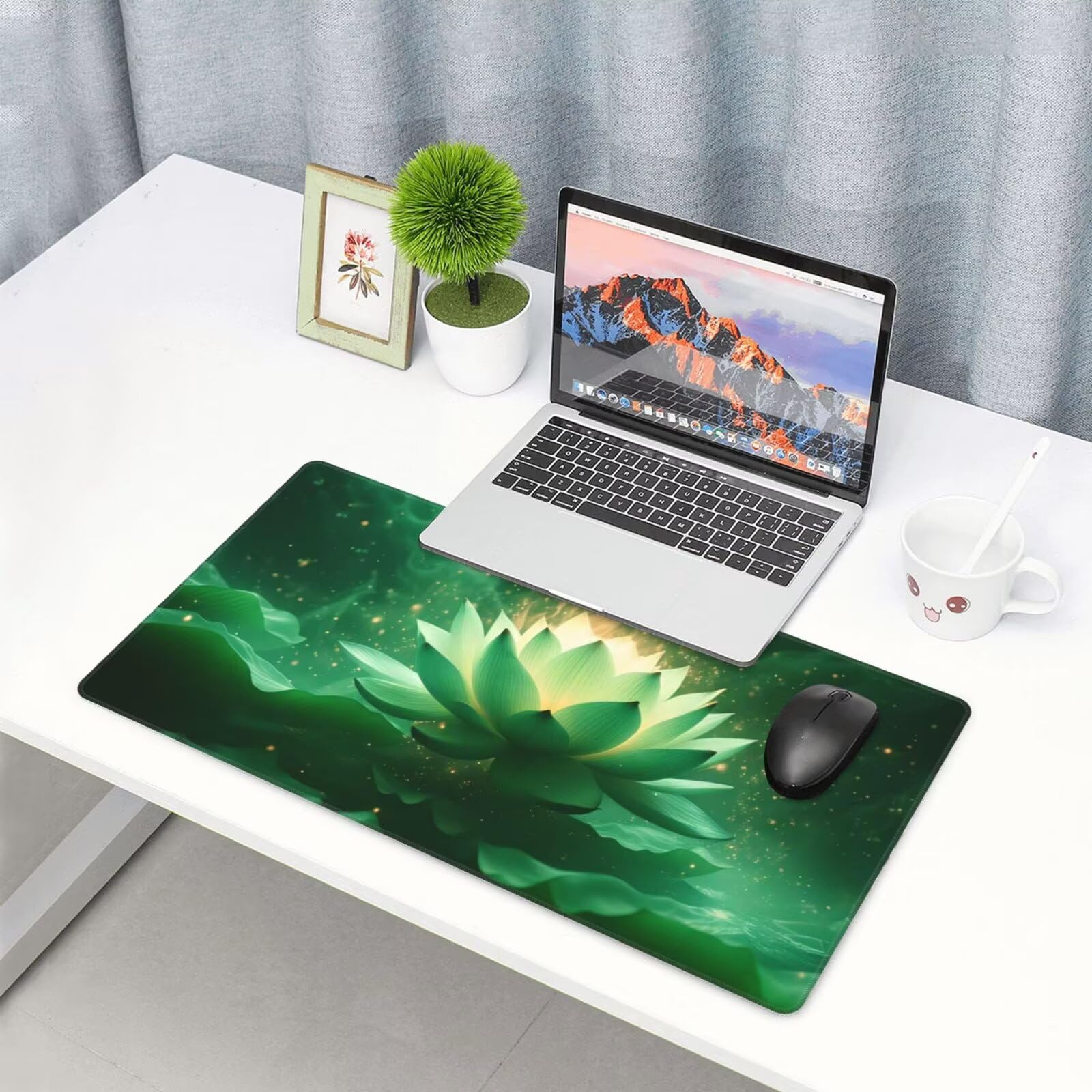 Podkładka pod mysz do gier XXL 1400 x 600 x 3 mm duża zielona podkładka pod mysz akcesoria do gier, Lotos pod ręką akcesoria biurowe zszyte krawędzie, wystrój pokoju domowego, prezent dla mężczyzn