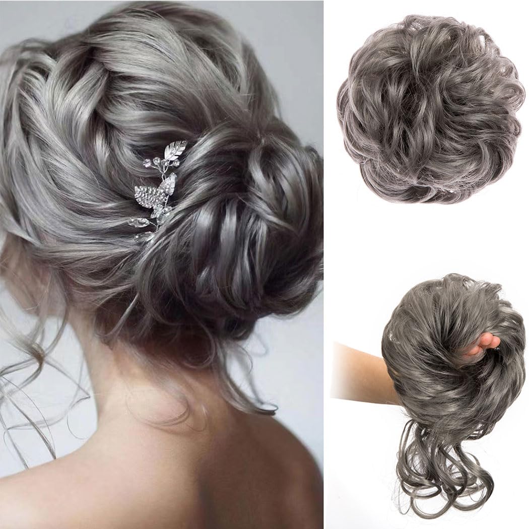 Haarteil für unordentliche Dutts, Hochsteckfrisuren, elastisches Haarteil für Damen, synthetisches Haarknoten, Dutt, Donut-Zubehör, 2 Stück (Schwarz/Grau 2)