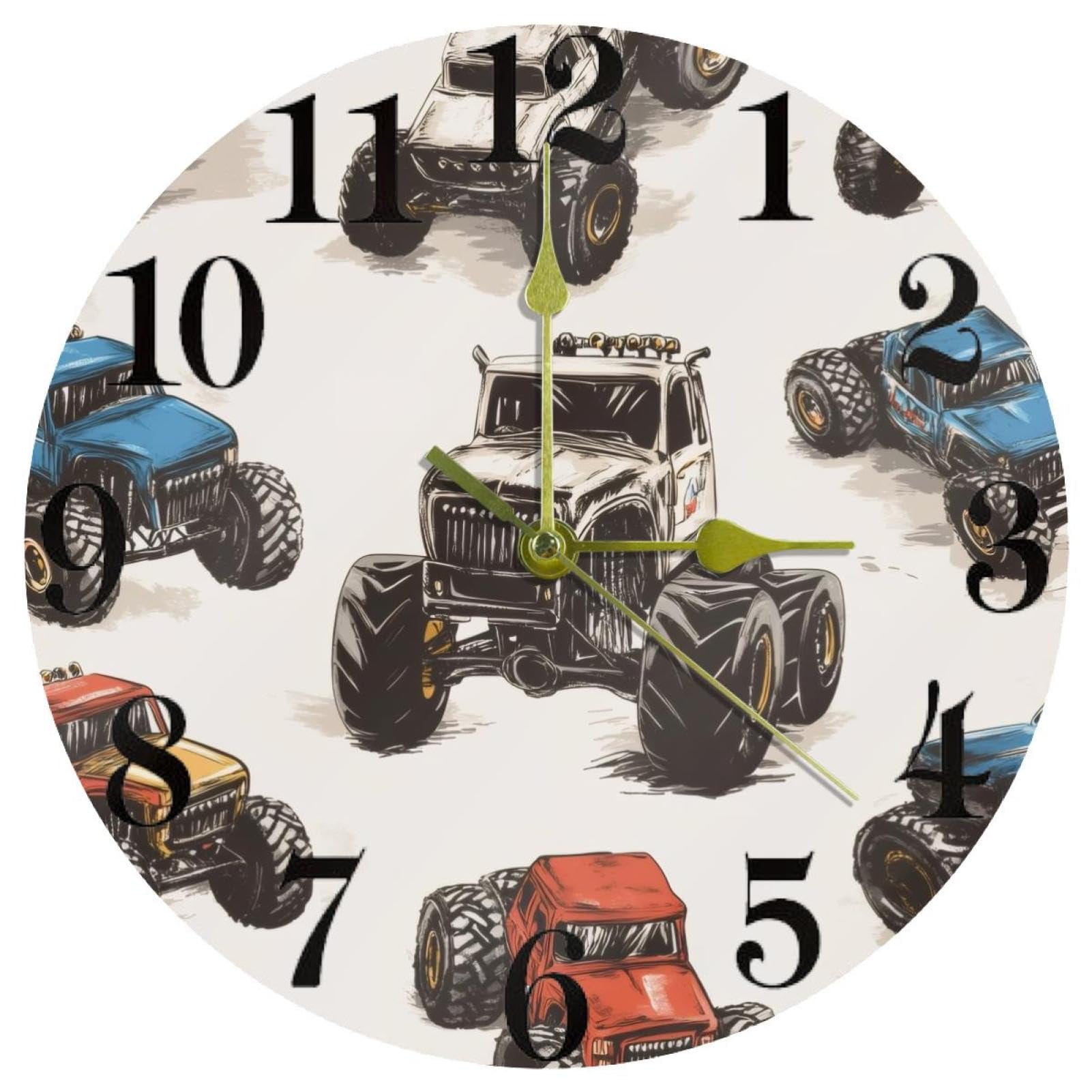 Horloge murale Monster Cars silencieuse sans tic-tac idéale pour cuisine et école