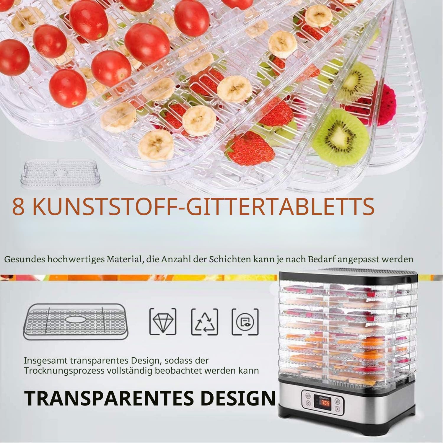 MEYKEY Dörrautomat Dörrapparat für Obst und Gemüse, Lebensmitteltrockner, 400W, LCD-Display, Temperatur einstellbar, Silber