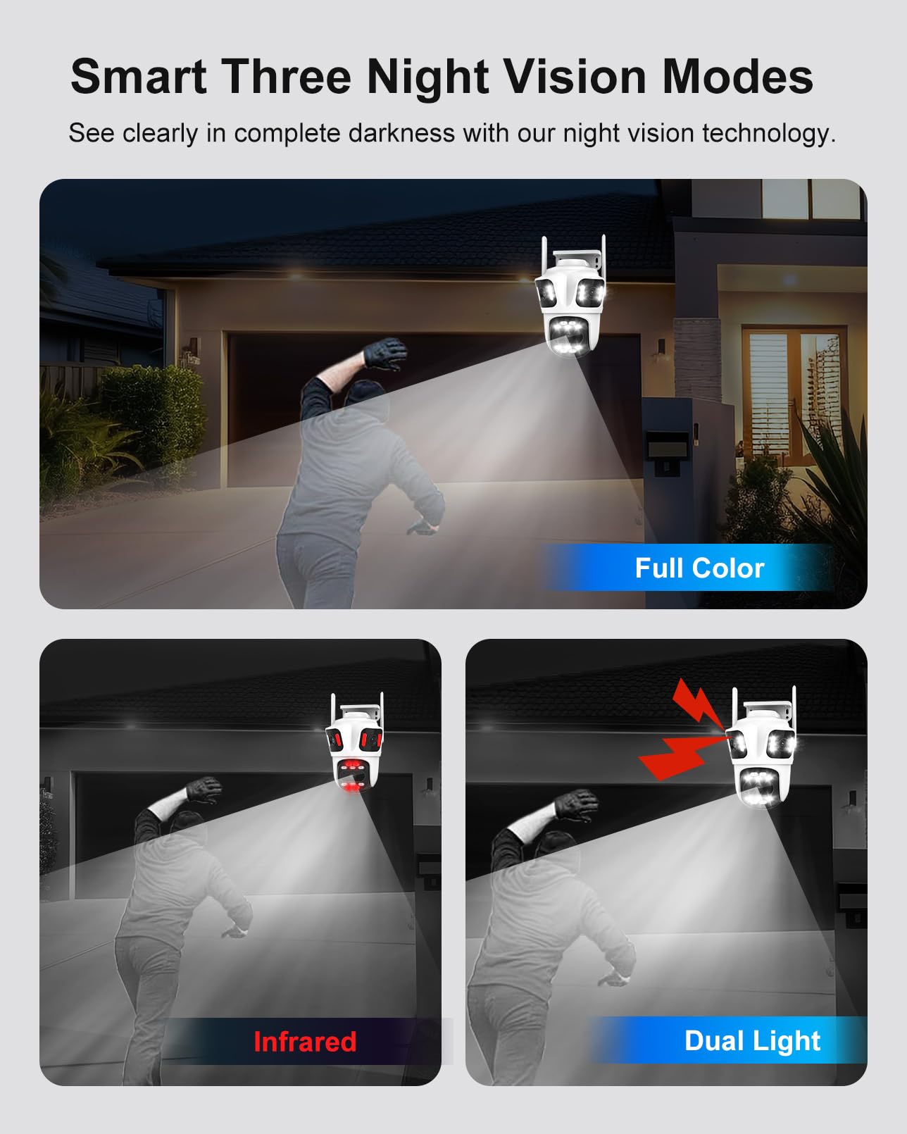 Telecamera di sicurezza esterna wireless a tre obiettivi da 9 MP, Pan/Tilt a 360°, WiFi 2,4 GHz, rilevamento del movimento AI, registrazione 24/7, visione notturna, audio a 2 vie, IP66