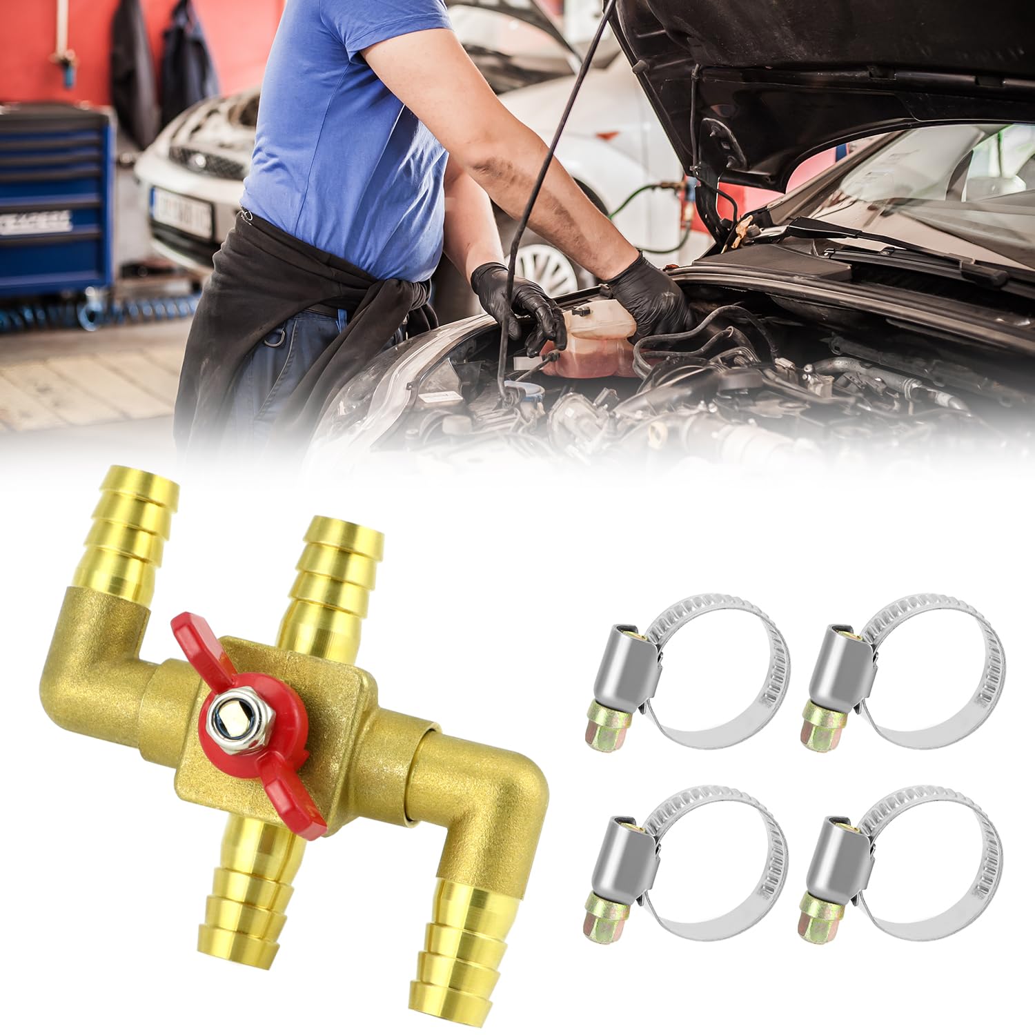 QWORK Valvola di controllo del riscaldatore a 4 vie in ottone massiccio 5/8" con interruttore, 16 mm tubo barb Automotive Bypass