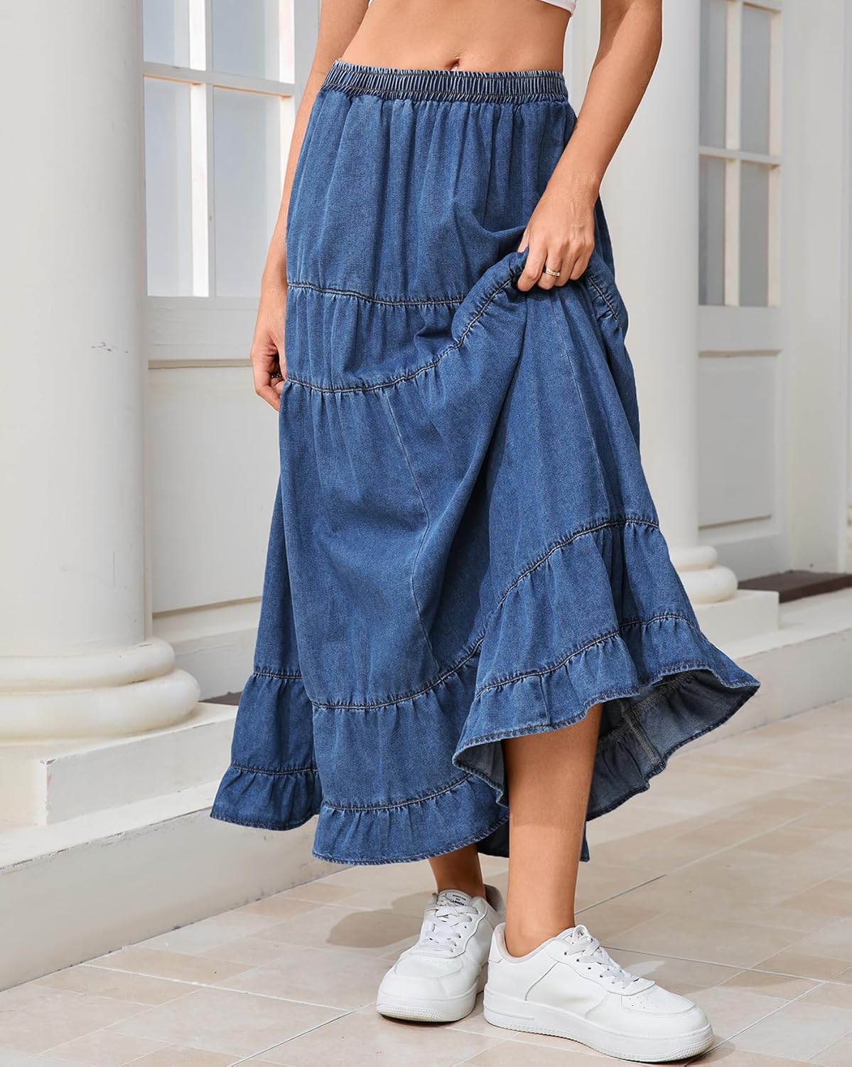 Women's Swing Chambray Maxi Skirt Elastic Waist Pleated Tiered Flowy Long Skirts Retro Denim Skirt - Image 5