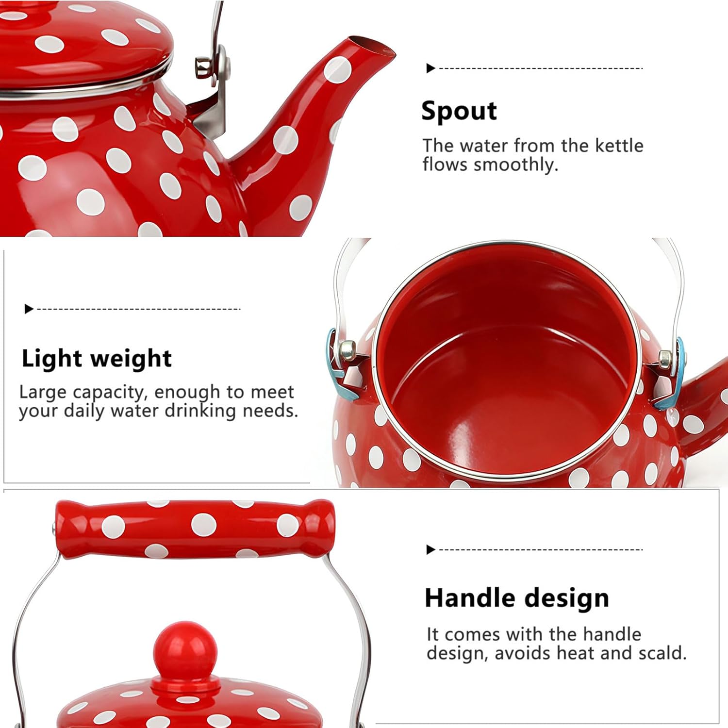 Enamel Tea Kettle with Infuser Stovetop, 2.3 Quart Cute Red and White Polka Dot Teapot with Porcelain Handle, Vintage Teakettle for Home Kitchen Camping, No Whistling