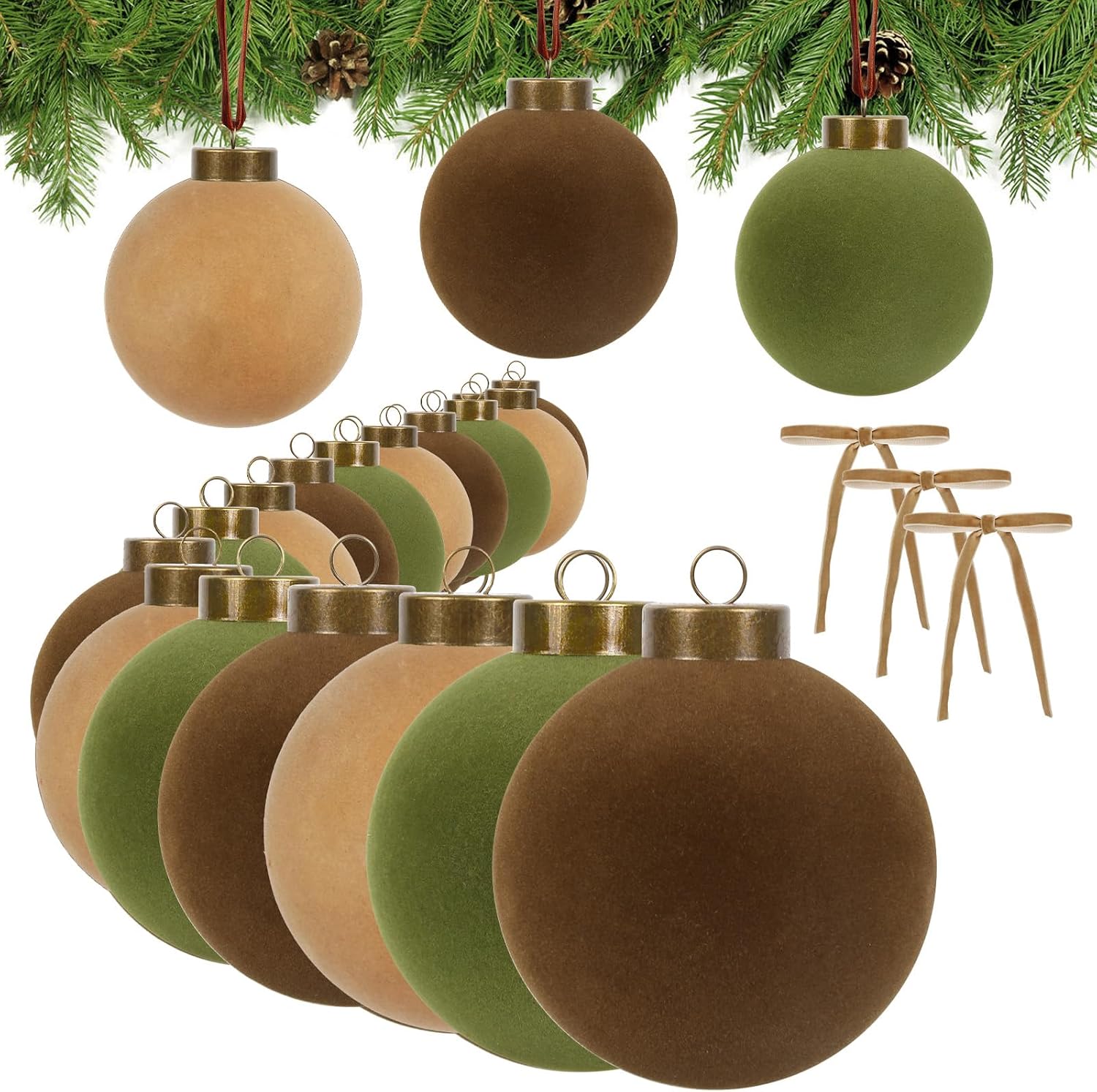 IPOPU 15PCS 3.15" Velvet Christmas Balls with 10PCS Velvet Bows Christmas Tree Ornaments Set Flocked Christmas Balls for Xmas Decorative Hanging Ornaments(Brown, Green, Khaki)