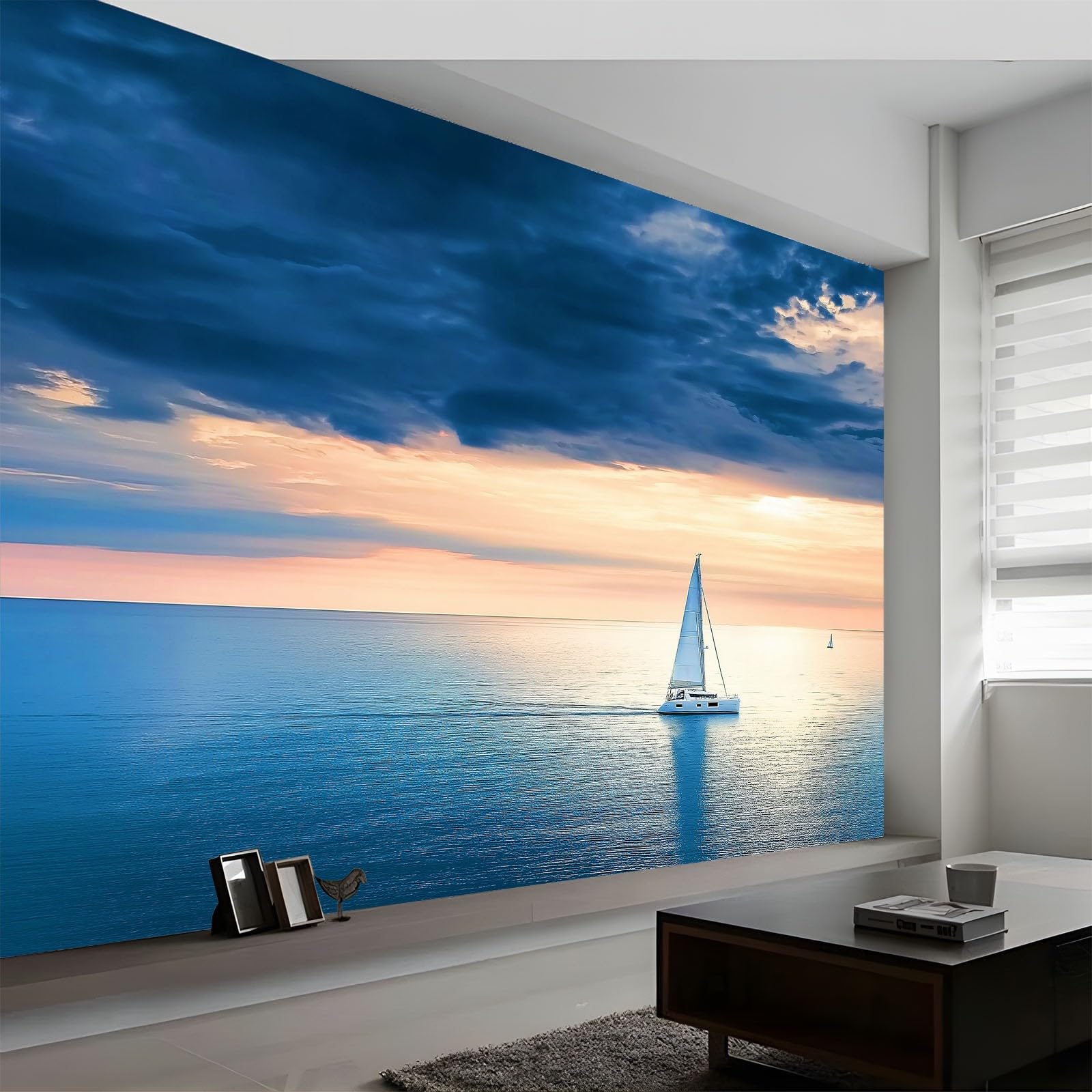 350 x 256 cm, fototapeta z włókniny, na wymiar, nowoczesna, morze, mała łódka, niebo, błękitny, fotorealistyczny, druk HD, tapeta na flizelinie, tapeta z motywem, dekoracja ścienna, dekoracja ścienna