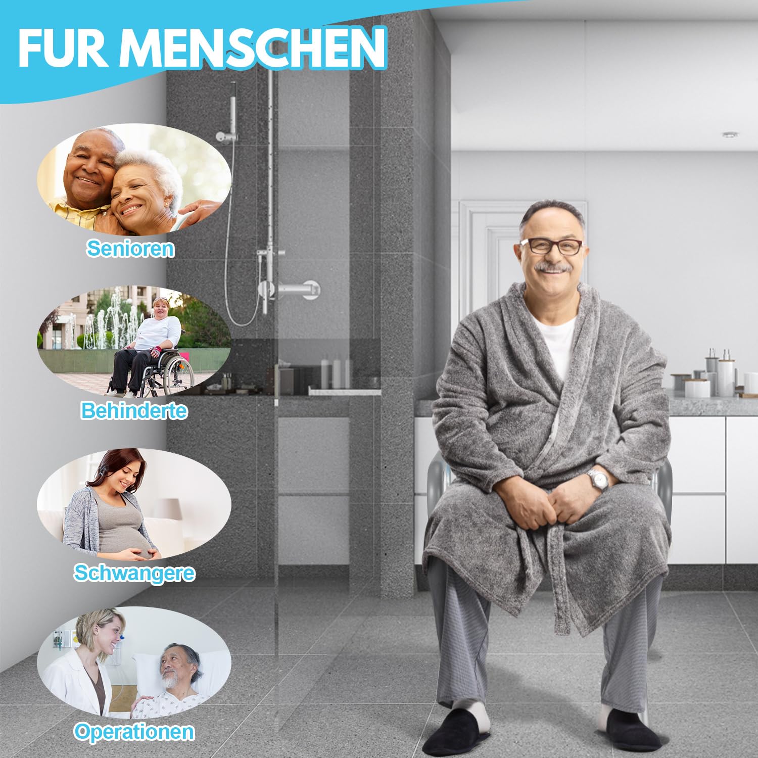 Silla de ducha con reposabrazos y respaldo, altura regulable en 6 posiciones | Con reposabrazos plegables, respaldo extraíble, asiento en forma de U, pies antideslizantes de TPR, soporta hasta 136 kg