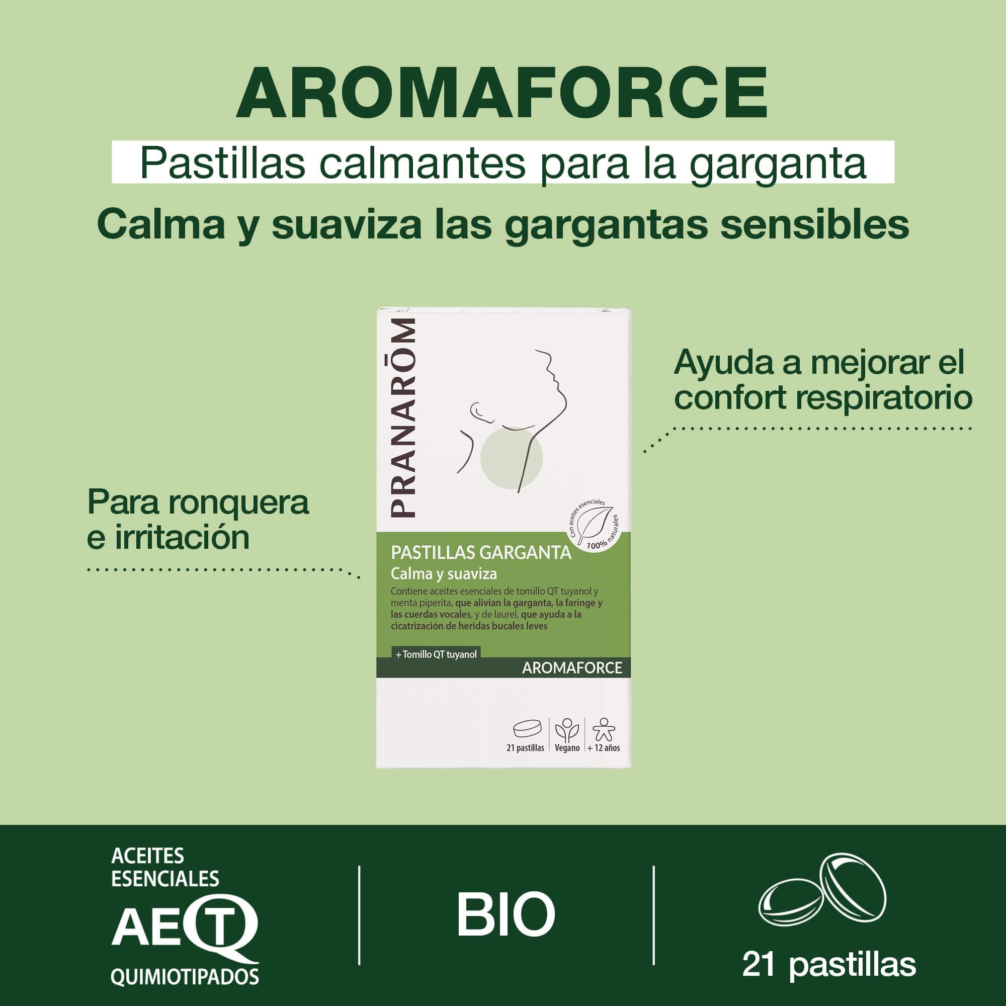 PRANAROM - Aromaforce - Pastillas Calmantes Para La Garganta Con Aceites Esenciales ORGÁNICOS - Calma Y Suaviza - 21 Pastillas