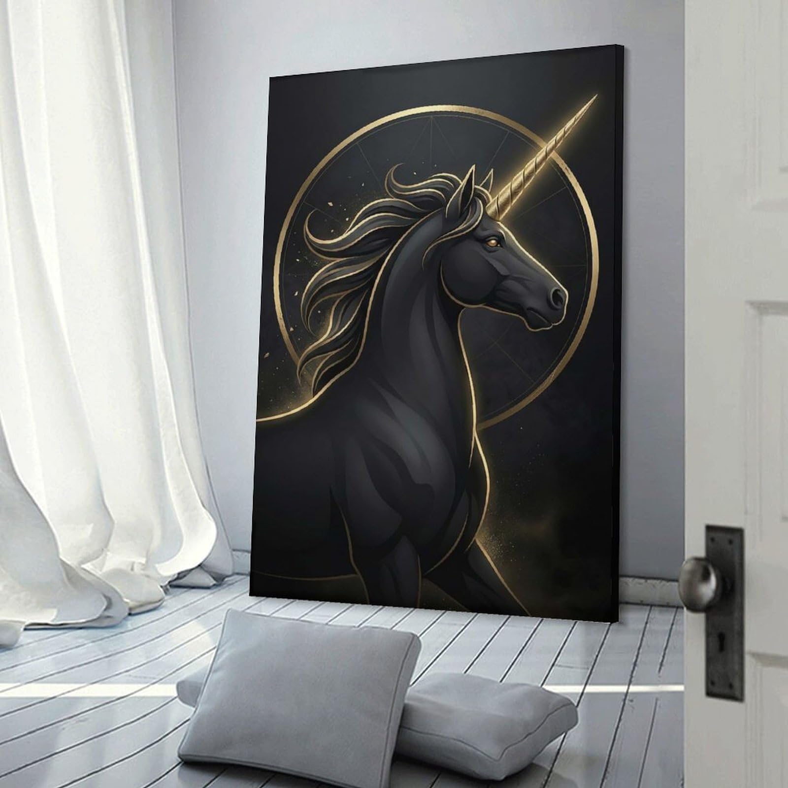 Junmoney Black Unicorn with Golden Horn Canvas Art Print, 20x30inch(50x75cm), for Restful Interiors, Bedrooms Or Small Rooms, A Warm Accent for Relaxed Interiors