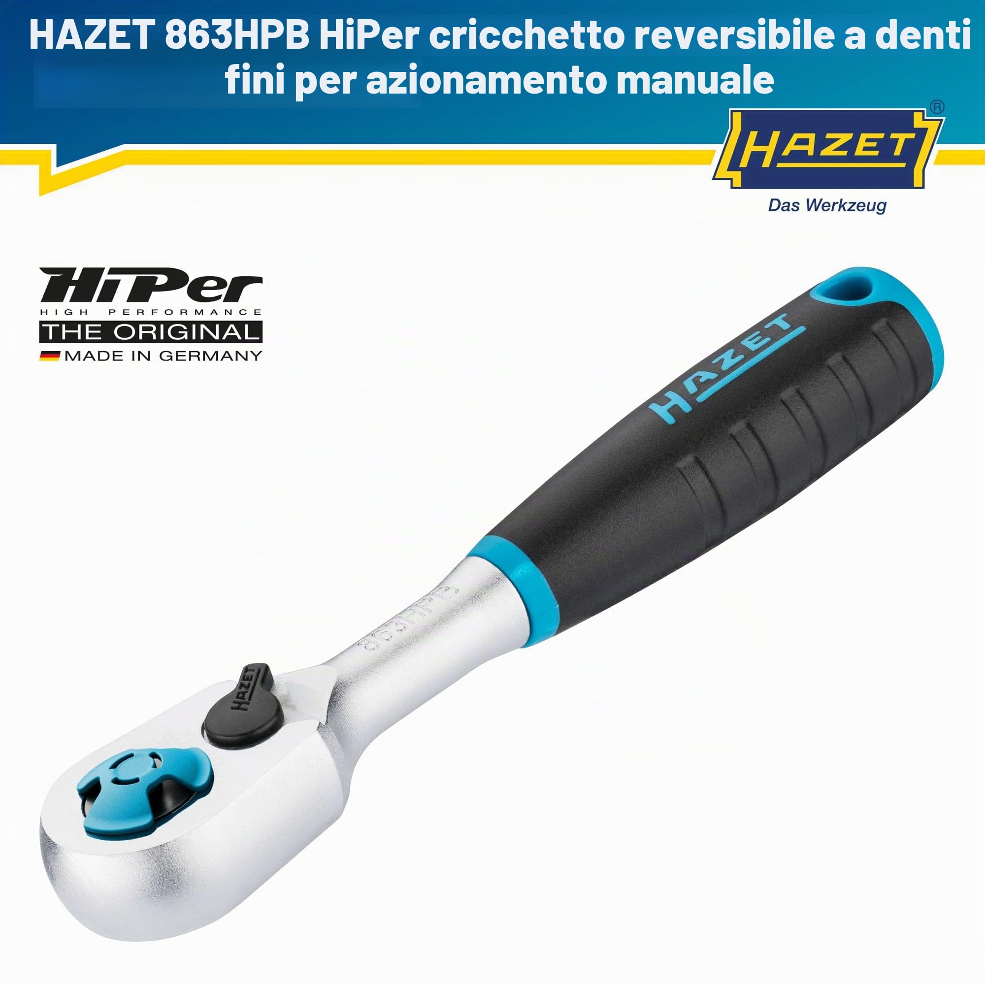 HAZET HiPer cricchetto reversibile a denti fini 863HPB per punte, Uscita:esagono 6,3 mm (1/4 di pollice), angolo di lavoro ridotto 4,estremamente resistente,Per l'utilizzo negli spazi più ristretti