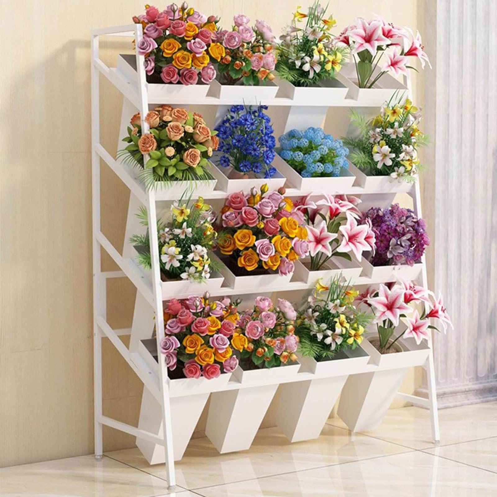 DFGHNBVC Metal Flower Display Stand With Buckets, 4 Tiered Stepped Storage Rack With Wheels For Outdoor Plant And Flower Pot Organization, Ideal For Florist Bouquets Moving,A-4 Layers