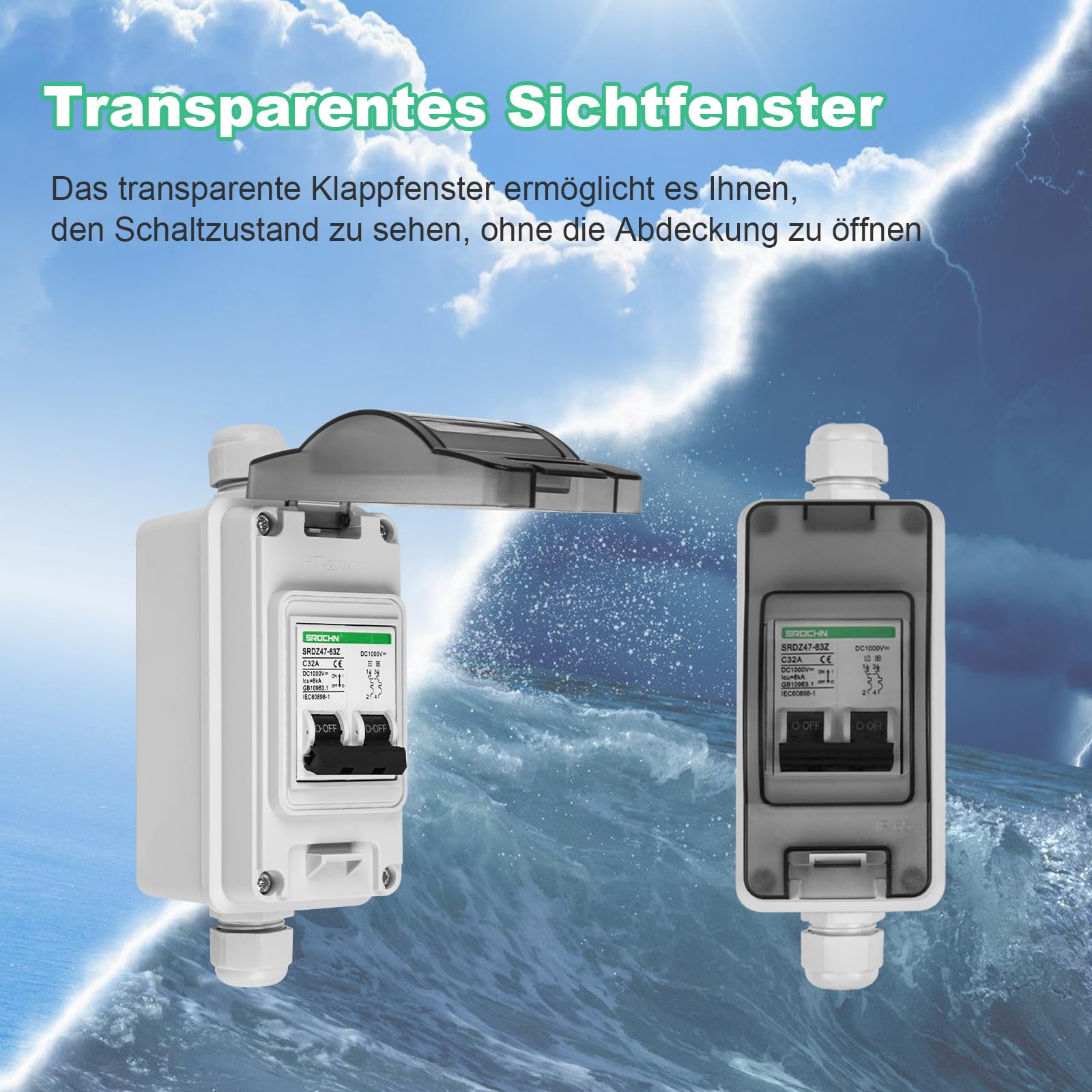 TEOV Interruttore di separazione solare PV, 2P 32 A, 1000 V, con cavo, IP65, impermeabile, per impianto solare PV