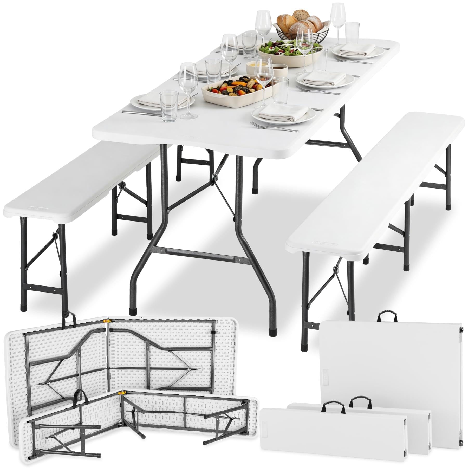 tectake® Set Tavolo da esterno e 2 Panche Pieghevoli, Set Tavolo Pieghevole da Campeggio e 2x Panca da Esterno, Ripiegabile a forma di Valigia, Blocco di sicurezza, Struttura in Acciaio - Bianco