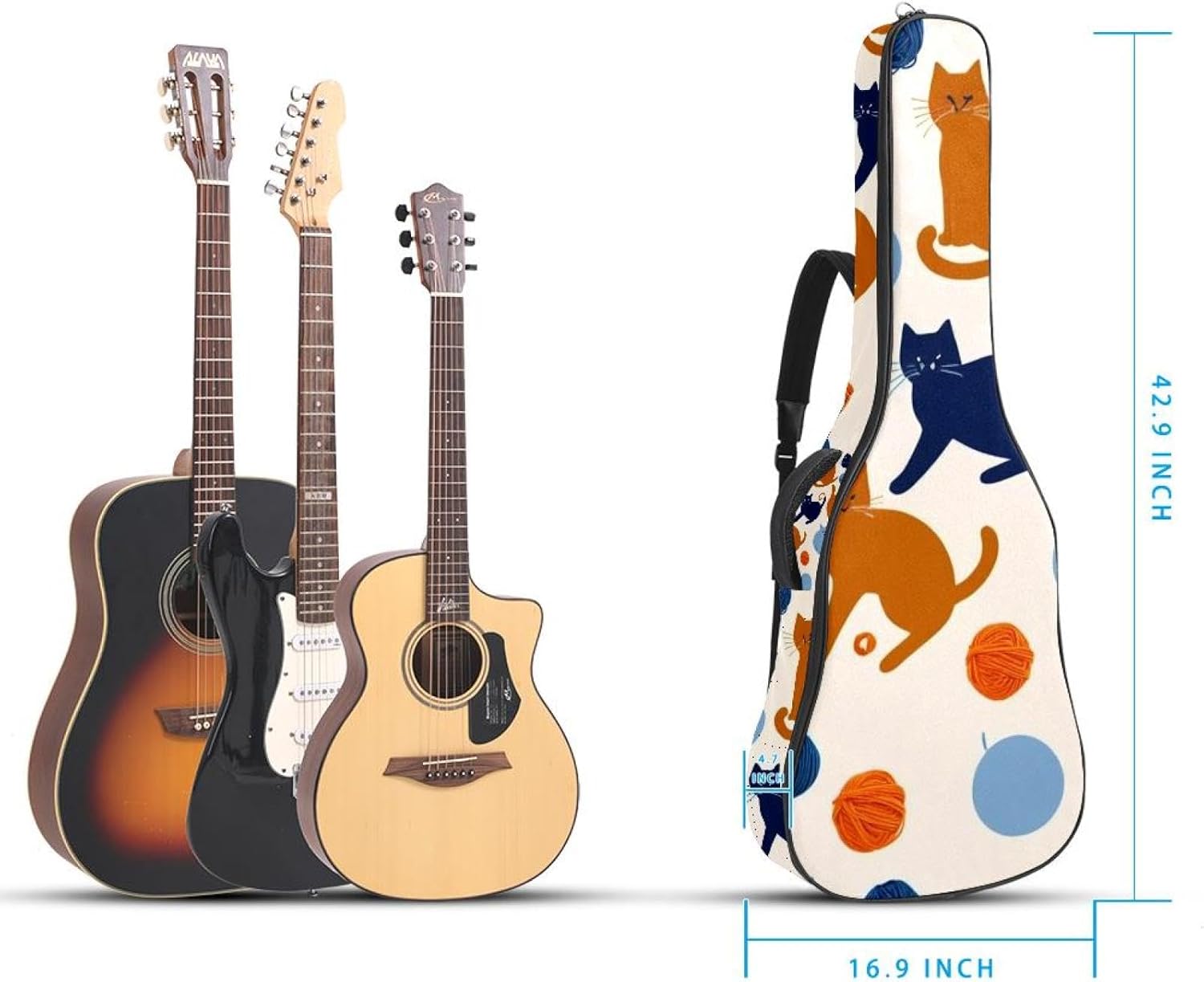 40/41/42-inch Cute Animals Acoustic Guitar Bag With Adjustable Shoulder Strap And 2 Storage Bags. Guitar Bag With Back Hanging Loop, Electric, and Classical Guitars