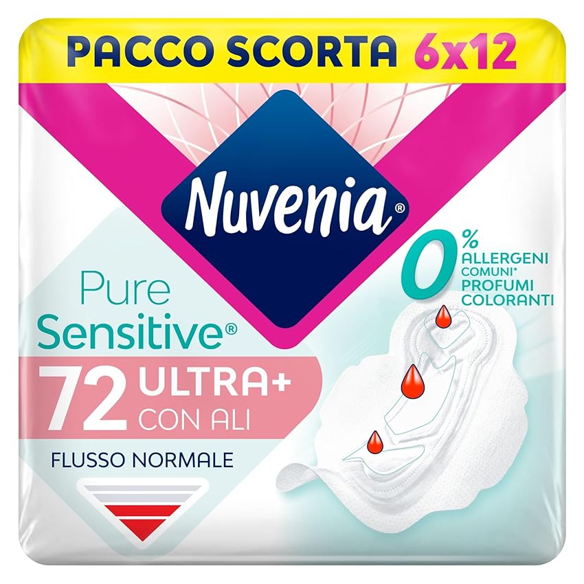 Nuvenia, Assorbente Pure Sensitive Ultra Giorno con Ali, Assorbenti per Flusso Normale, Confezione da 72 Assorbenti