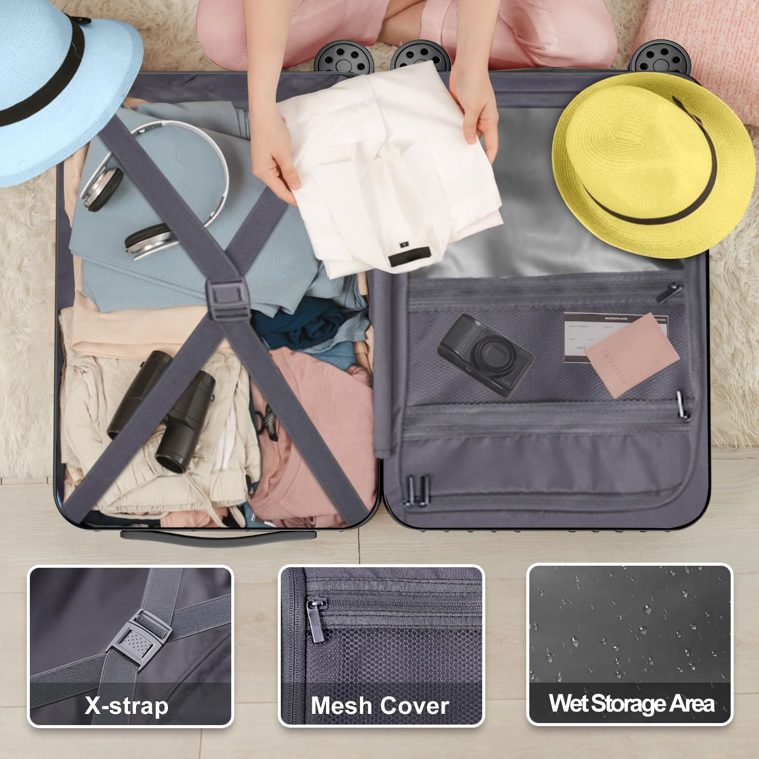 Krute Carry on Luggage with Cup Holder 20 Inch Suitcases with Spinner Wheels PC+ABS Hardside TSA Approved Luggages with Charger Port