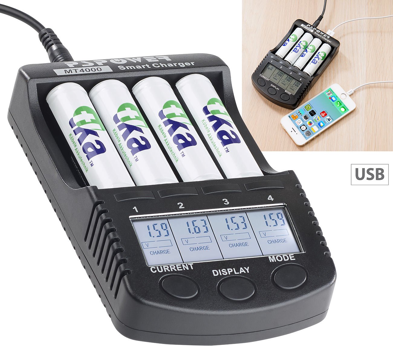 tka Caricabatterie rapido ad alte prestazioni per 4 batterie con display LCD e porta USB PX8933