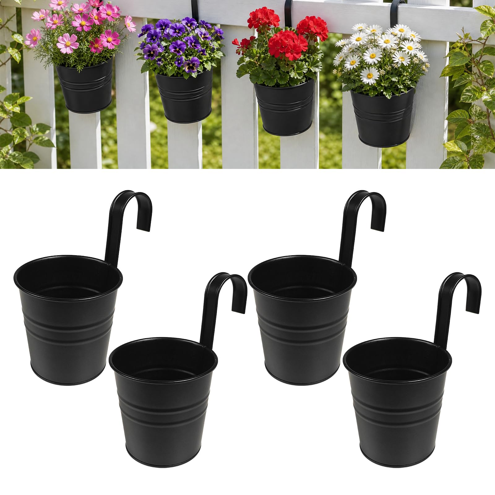 Geukmun 4Pcs Metal Hanging Plant Pots Balcony Planters for Railing Black