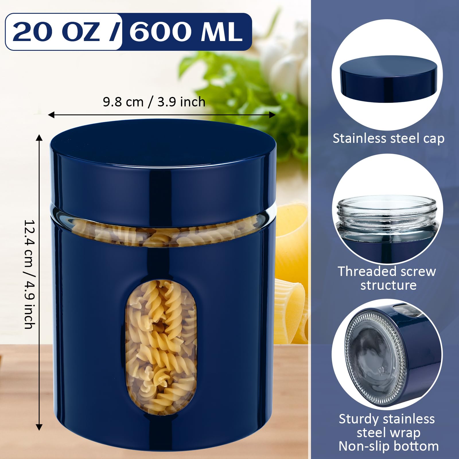 Mimorou Vorratsdosen für die Küche, luftdicht, für Kaffee, Zucker, Tee, Vorratsdosen mit Fenster, Glas, Edelstahlbehälter mit Deckel, für Mehl, Kekse, Gewürze, Getreide, Küchendekorationen (Marineblau