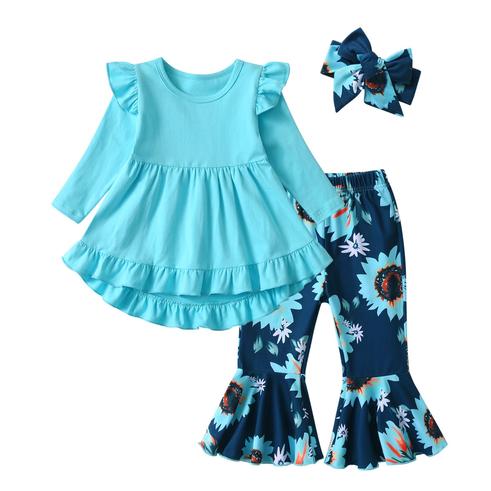 KuKitty Toddler Baby Girl Clothes Solid Color Long Sleeve Ruffle Tops Floral Bell-Bottoms Pants and Headband Outfits Set